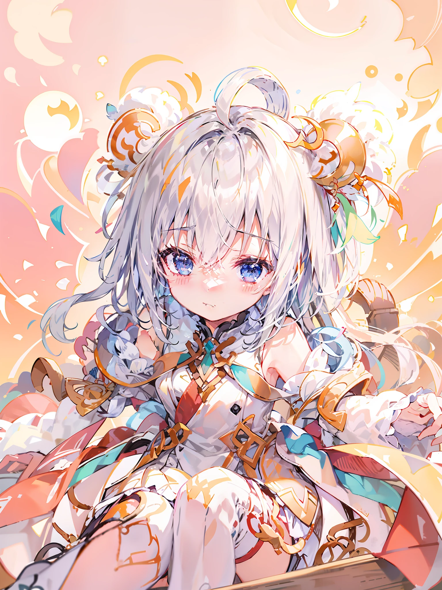 Anime - Style drawing of a girl with a red knot on her ears, small curvaceous , Soft anime illustration, Splash art anime Lolili, Grair, lovely art style, offcial art, small loli girl, A moe art style, Ribbons, zerochan art, and the sun was shining brightly,Light and shadow in detail,Round and hairy ears,One small foot wears white socks,Shy eyes,There is a fluffy squirrel tail,There are two long braids,The upper part of the body