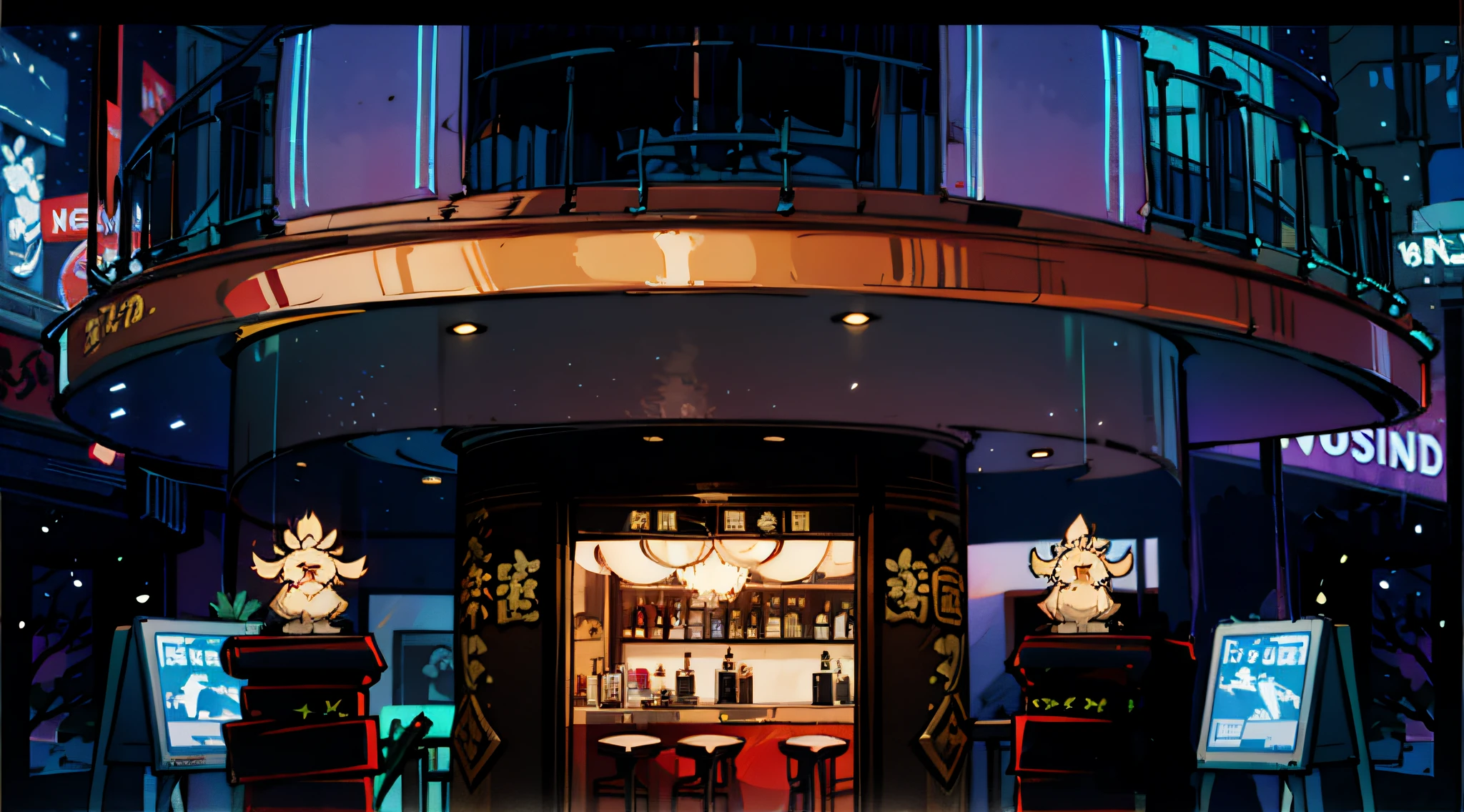 Gorgeous hotel building，Bar party，Asymmetric architecture，Paramount effect，Neon lights，luxury and dissipation，Show show，
