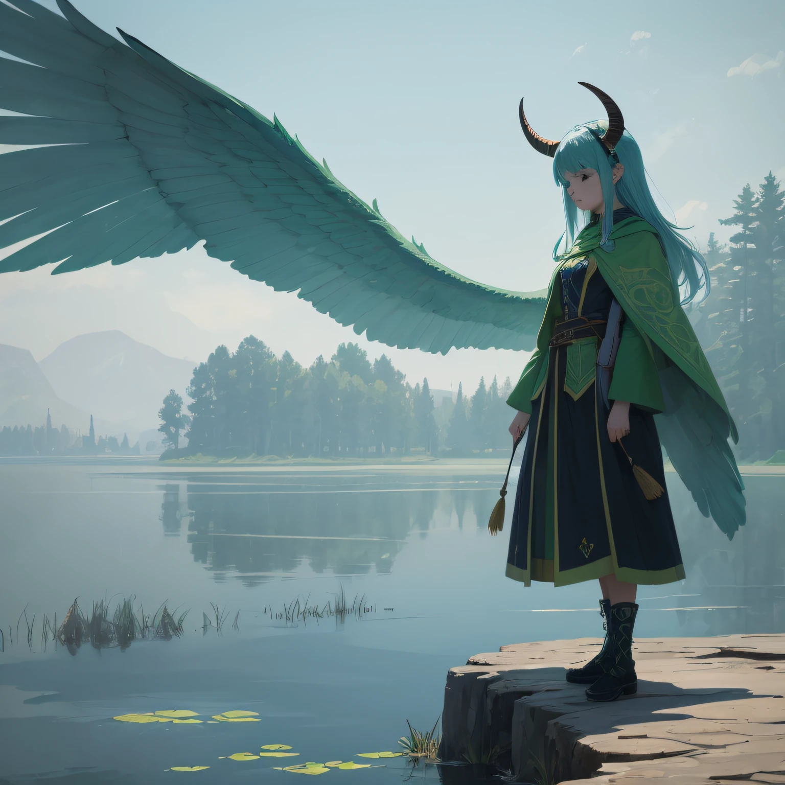(Illustrations with excellent picture quality),Interesting(Theme setting), large environment(force coloring:1.2),Calm lake water,green color(a plant:0.7),blue colors(a plant:0.7),Colorful birds:0.8,A girl with horns --auto