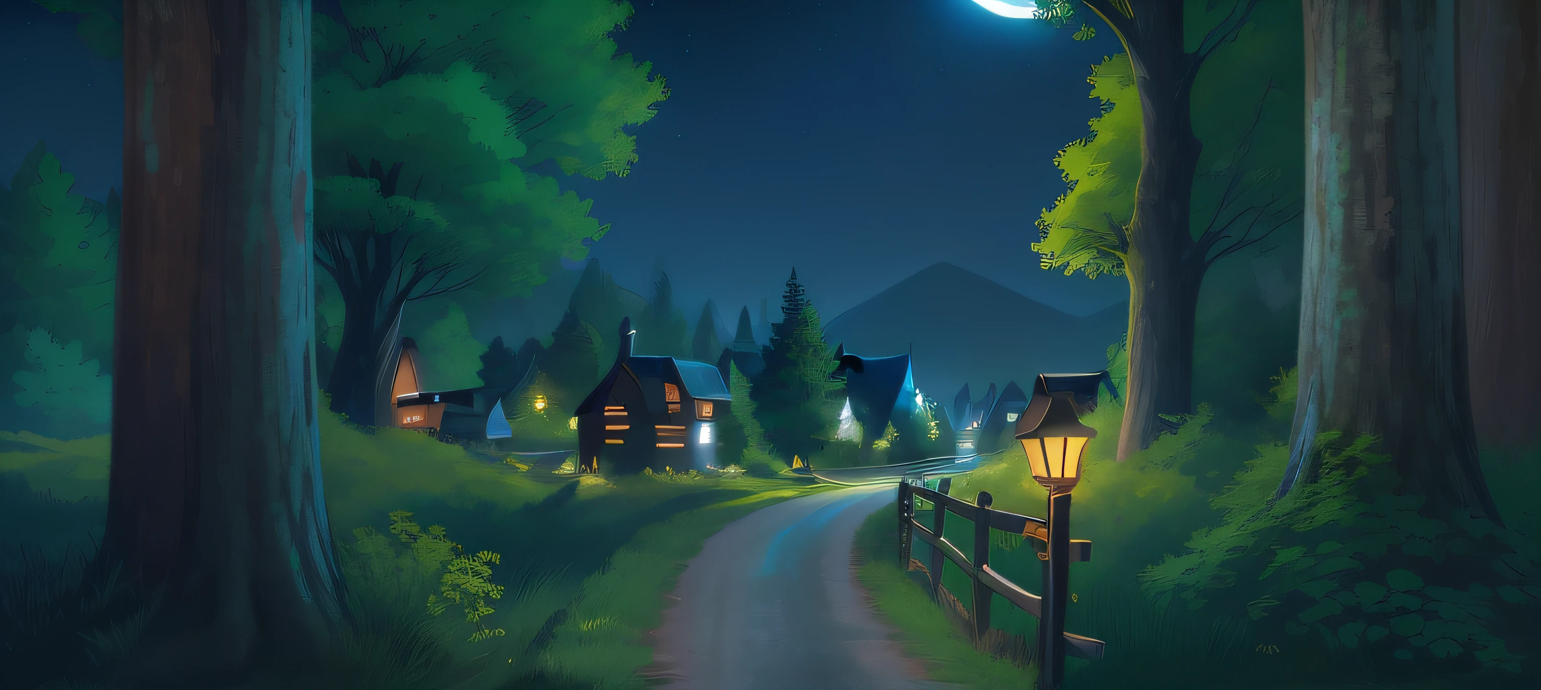In the woods there is a painting of a road with a house, nightime village background, background artwork, 2 D game art background, calm evening. Digital illustration, 2d game environment design, arte de fundo, anime countryside landscape, 2d game background, beautiful screenshot, scenery game concept art, random background scene, nighttime nature landscape, moonlit starry sky environment