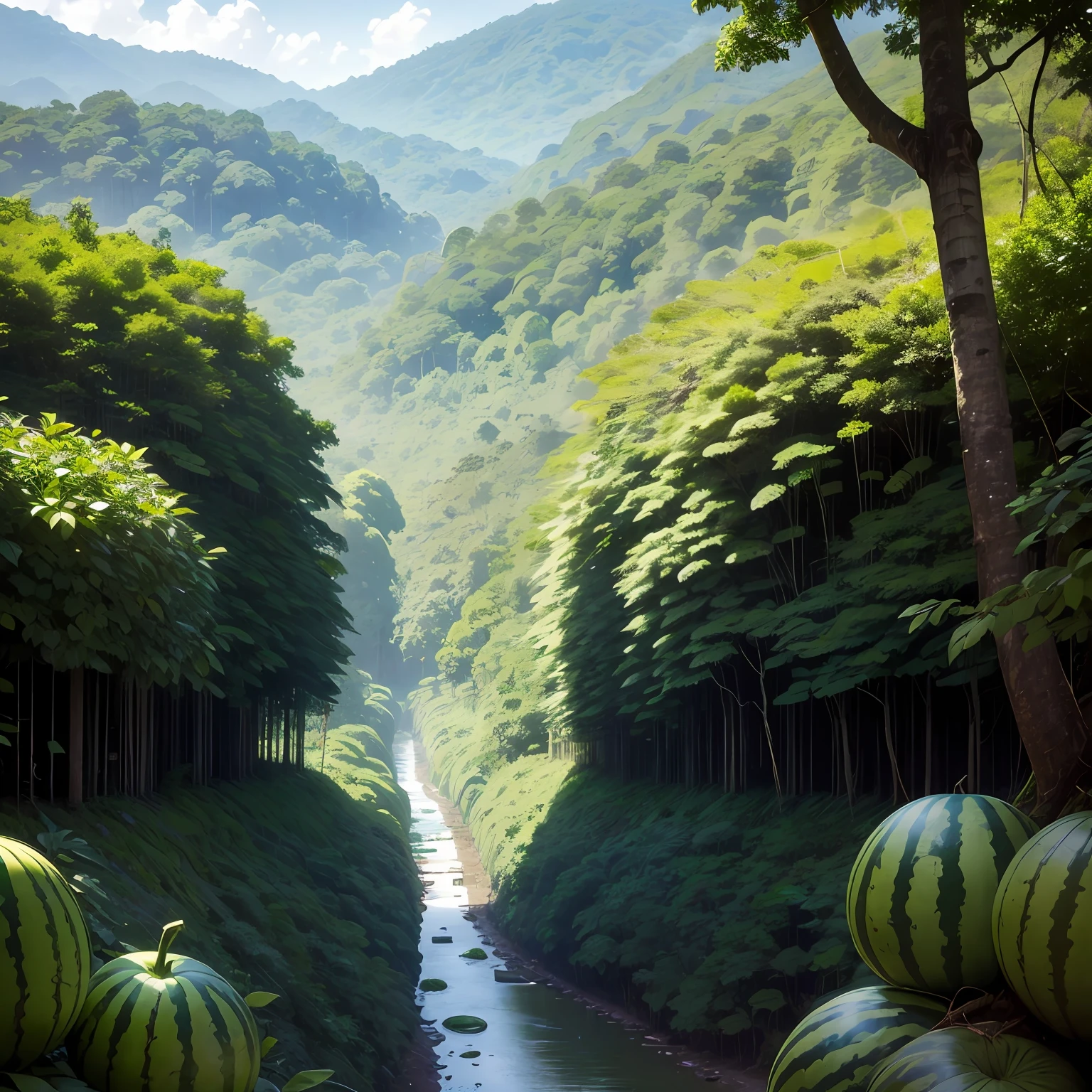 in a panoramic view，the rainforest，Dense trees，20 large watermelons --auto