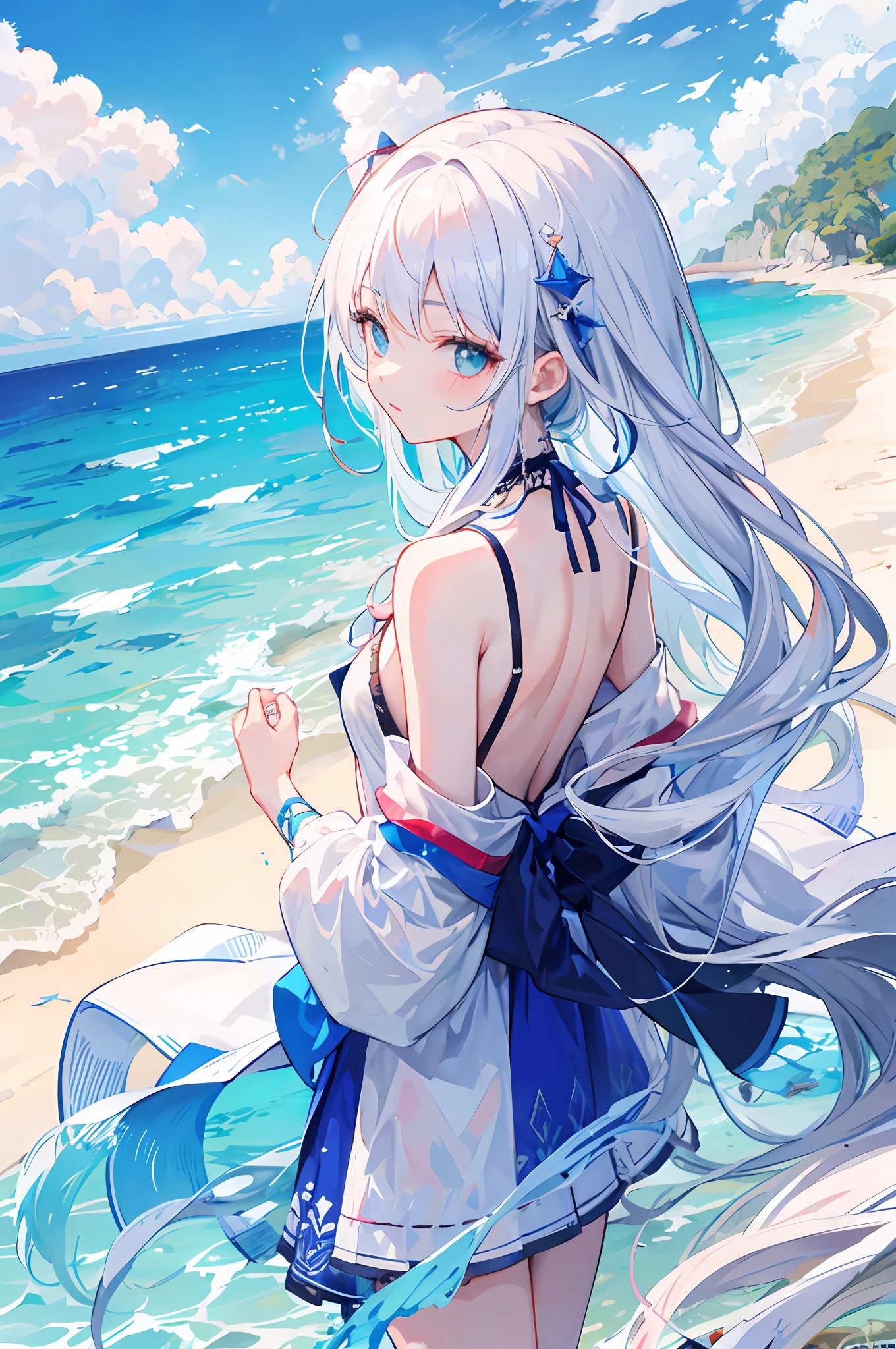 Kizi,whaite hair,long whitr hair,Back shadow,red seawater,Blue sky,white beaches,back,back