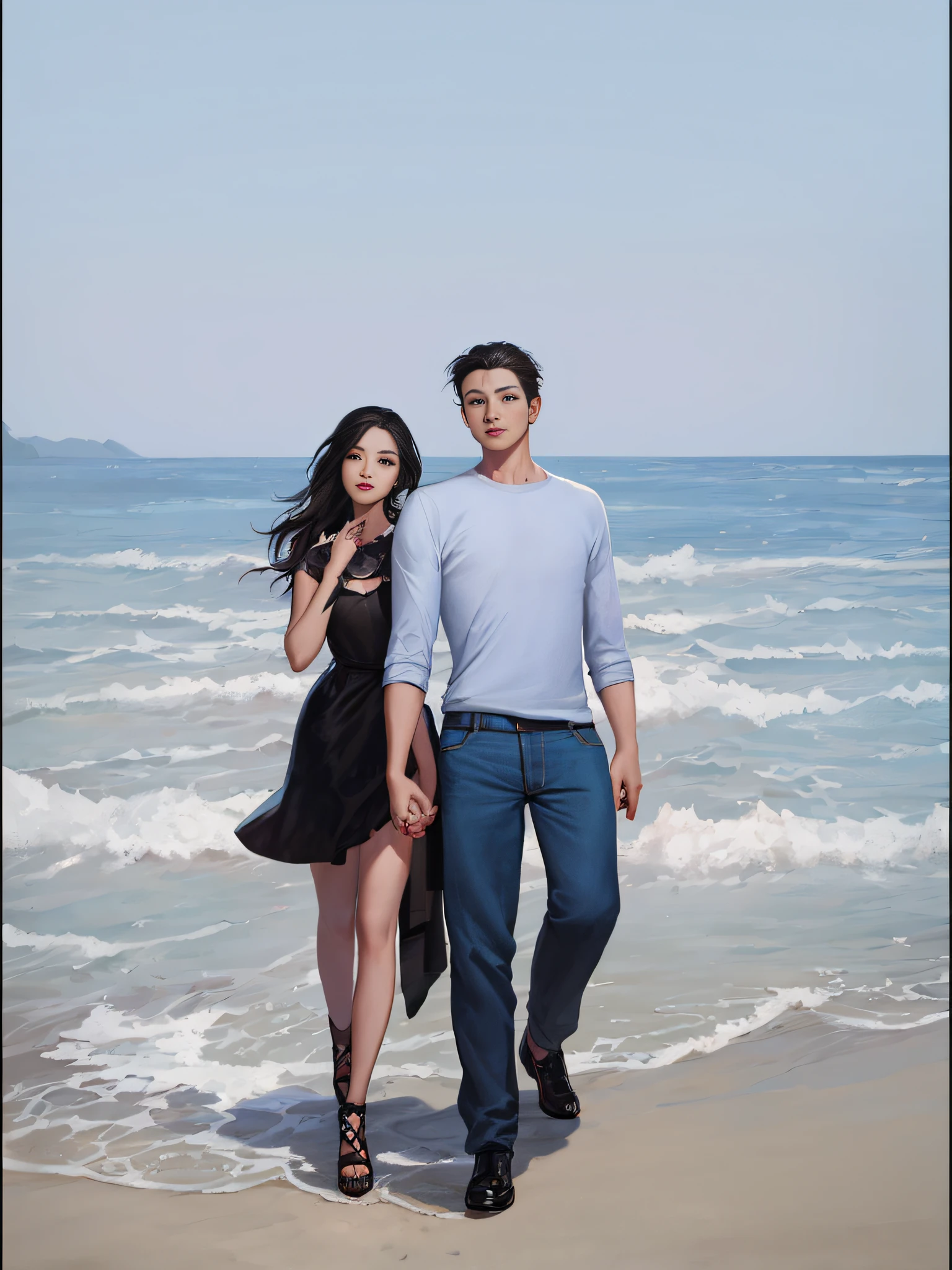 A painting of a couple walking hand in hand by the sea, Kuncan's digital painting, Tumblr, Digital art, cute couple, Guviz-style artwork, Realistic art style, couple pose, Photorealistic!!!!!!! Art style, Realistic picture, digital art picture, Realistic art style, Digital painting style, realism art style, digital cartoon painting art