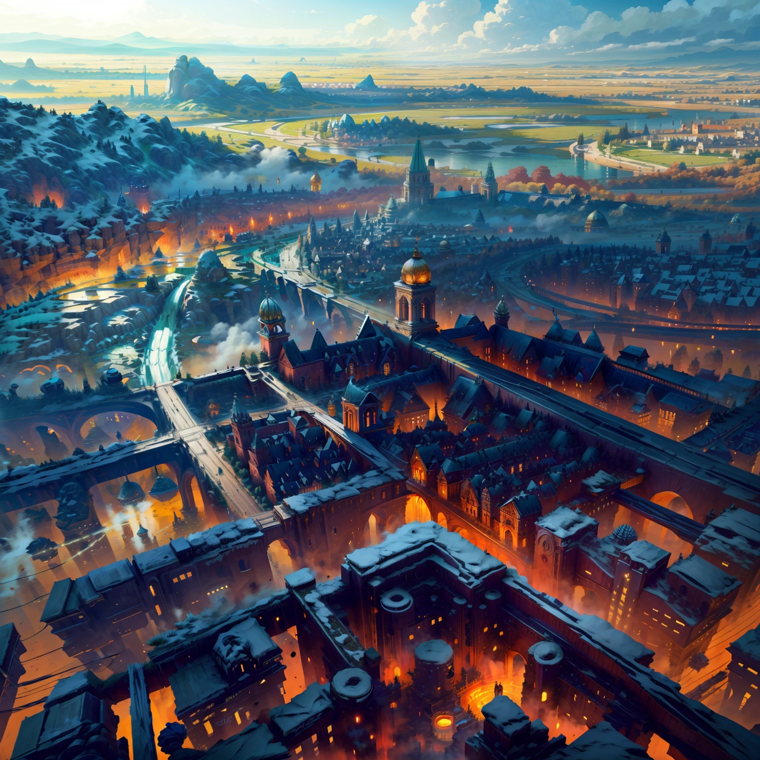 Aerial view of European cities,Look down from a very high place,The European-style courtyard is located in the center of the picture,The surrounding European-style buildings are scattered outward from dense to sparse。The building arrangement is irregular,super detailing,Best quality at best,tmasterpiece。