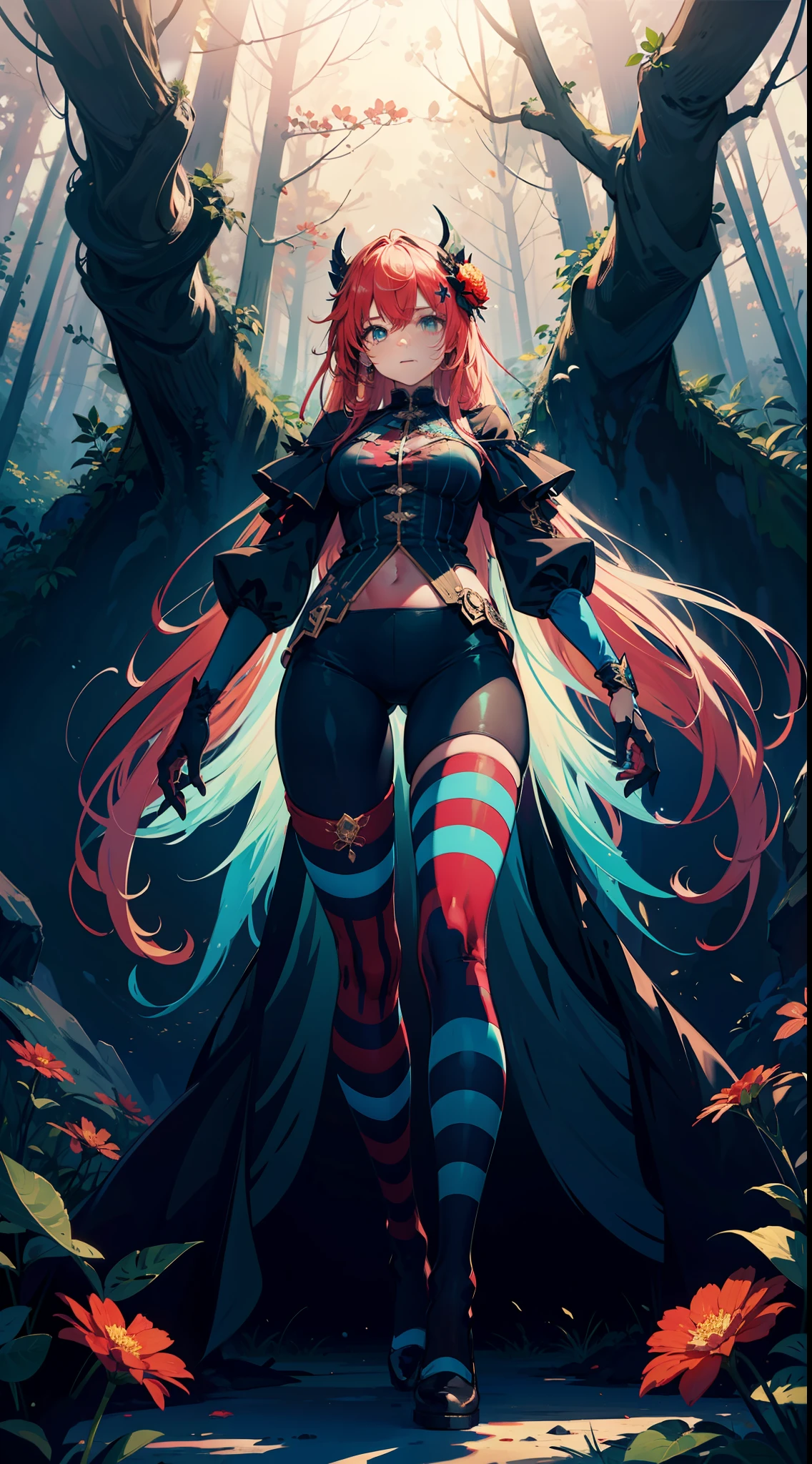 (fractal art:1.3), abstract art, mysterious fantasy,fantasy, (light theme:1.2), outdoors,fluffy legwear, forest, white background, deep red aesthetic, (glowing red:0.8), (sad, somber, depressing:0.6), 1girl, hair ornament, flowers,blue legwear, striped leggings, standing, from below, thigh focus,
