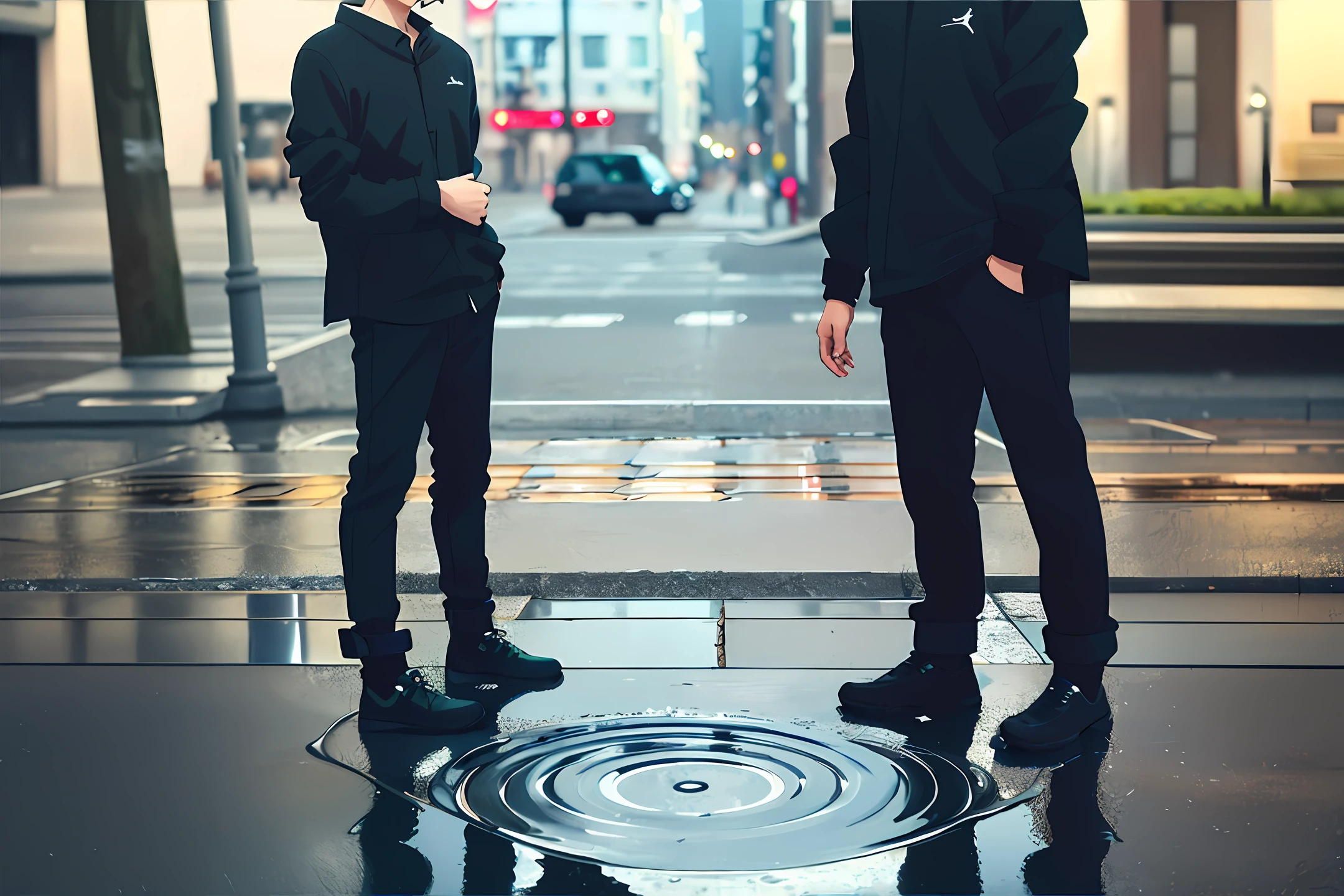 Lonely anime boy , black silky hair across the forehead, depressed soul , restlessness in his eyes, looking downward, black shirt , black phant , white and black Nike Air 1Jordan, rainny, on the street, poddle of water on the road, reflecting, symmetry, panorama, perspective, ray tracing, reflection light, depth of field , masterpiece, best quality, high details, high quality, textured skin, accurate, UHD, HD