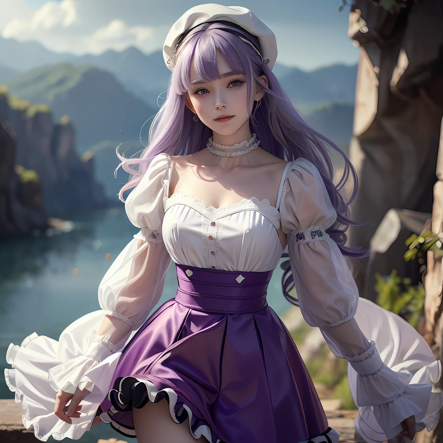 a garter belt, hair on one eye, Multiple girls, view the viewer, upper legs, Long sleeves, Hat, Braid, Holding, 1girll, Purple eyes, Breasts, letterboxed, frilld, By bangs,Closed mouth, Cross, Smile, Black ta, Long hair, white scrunchie, Puffy sleeves, bangs,solofocus, Juliet sleeves, ribbon, White hair, Purple hair, jewelry, 1boy,Hair ends are slightly curled --auto