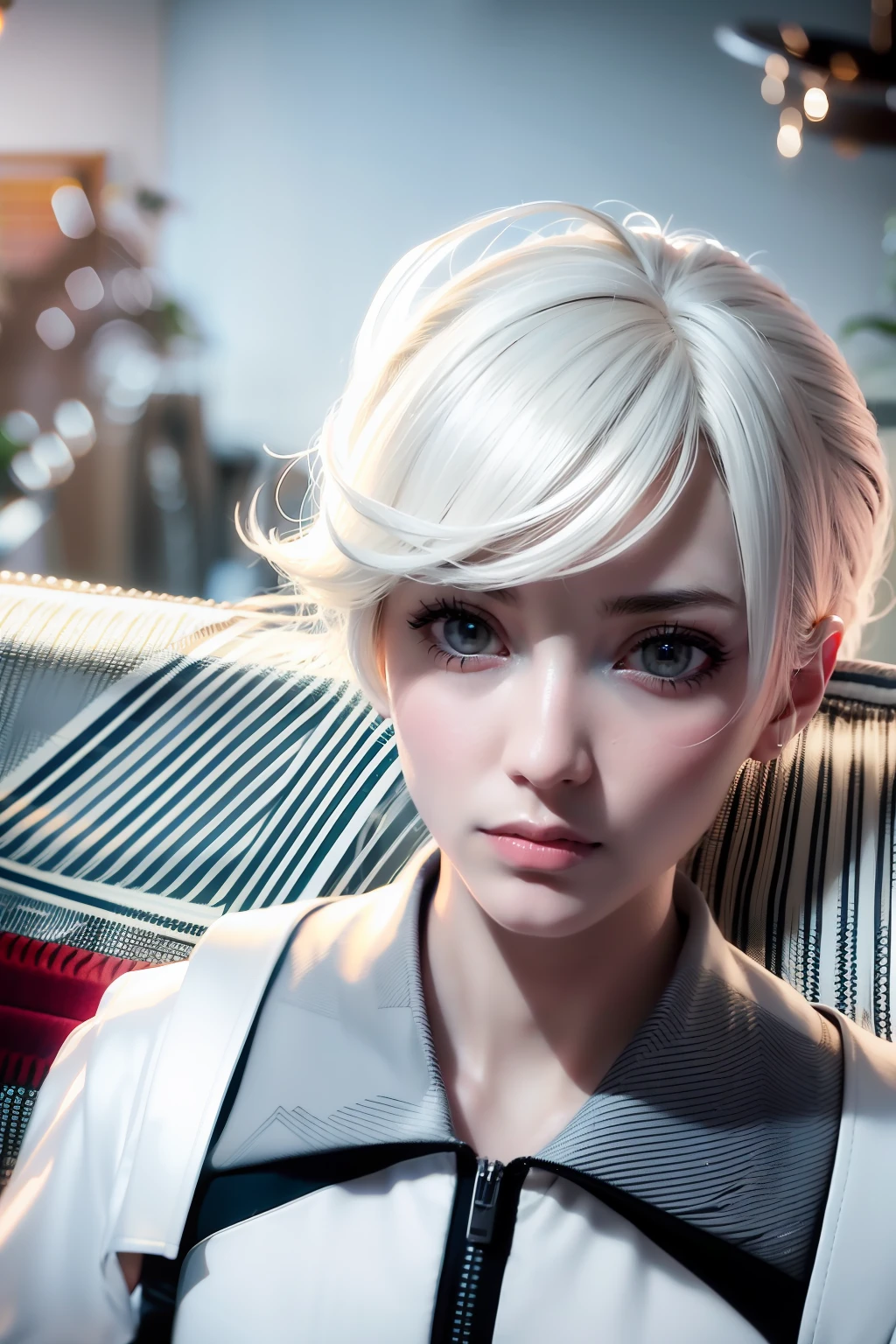 (Extreme Detail CG Unity 8K wallpaper, masterpiece, highest quality), (Exquisite lighting and shadow, highly dramatic picture, Cinematic lens effect), a girl in a white Spider-Man costume, silver gray hair color, from the Spider-Man parallel universe, Wenger, Marvel, Spider-Man, sitting on the couch, dynamic pose), (excellent detail, excellent lighting, wide angle), (excellent rendering, enough to stand out in its class), focus on white Spider-Man costumes, complex spider textures