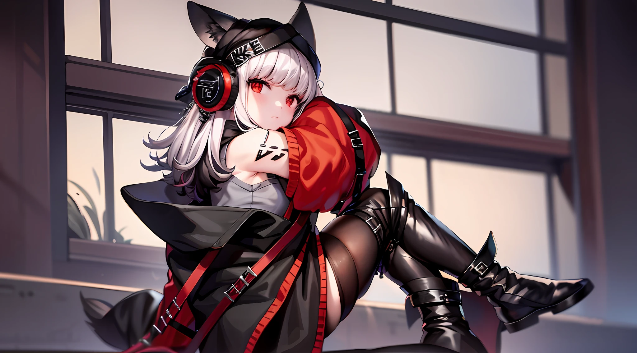 origin, 1girll, Solo, Pantyhose, Boots, Tail, Long hair, blackfootwear, view the viewer, Sitting, cropped shoulders, Red jacket, Knee protectors, Fox tail, From the side Side, off-shoulder grey shirt, Bare shoulders, grey shirt, Fox girl, Black pantyhose, Red background,