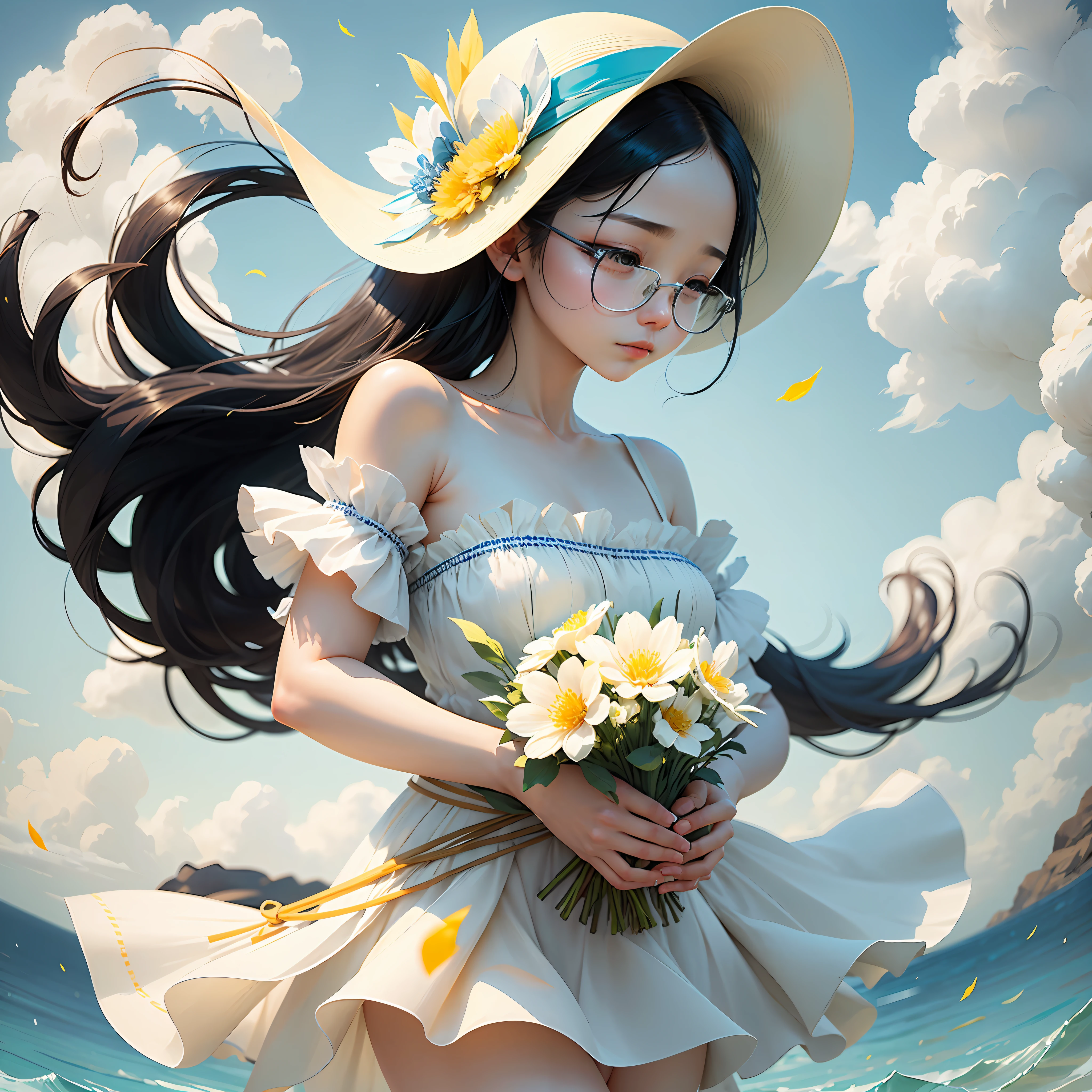 floating, extremely delicate and beautiful,Fresh blue sky and white cloud grass underground pale yellow flower sea(depth of field & Volumetric light),The pavilion girl holds a bouquet of freshly picked pale yellow flowers,Wears a white woven hat,The white dress blown by the wind flutters,Long black hair is soft and attractive,Arms clamped around thin waist,The posture of turning his head halfway is particularly elegant,black-frame glasses。Floral fragrance overflowing,A few petals floated in the air,Bloom happily in the breeze in the feeling of happiness。 --auto