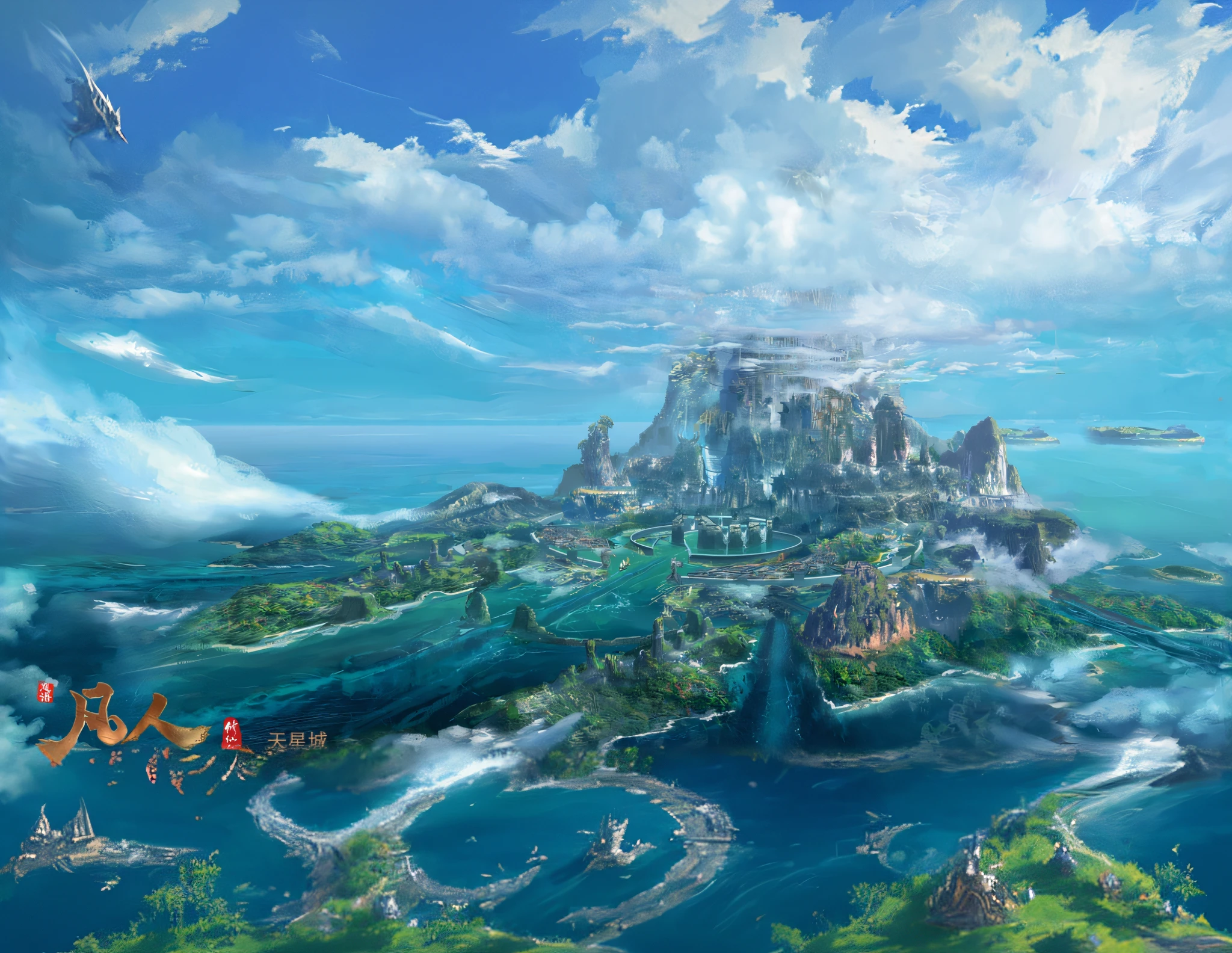 Draw a fantasy island，There is a waterfall and a flying dragon, final fantasy vll world concept, final fantasy artwork concept, Anime landscape concept art, concept-art. epic landscapes, concept art highly detailed, concept art 8k resolution, concept art 8 k resolution, 4k highly detailed digital art, epic landscapes, zelda breath of the wild map