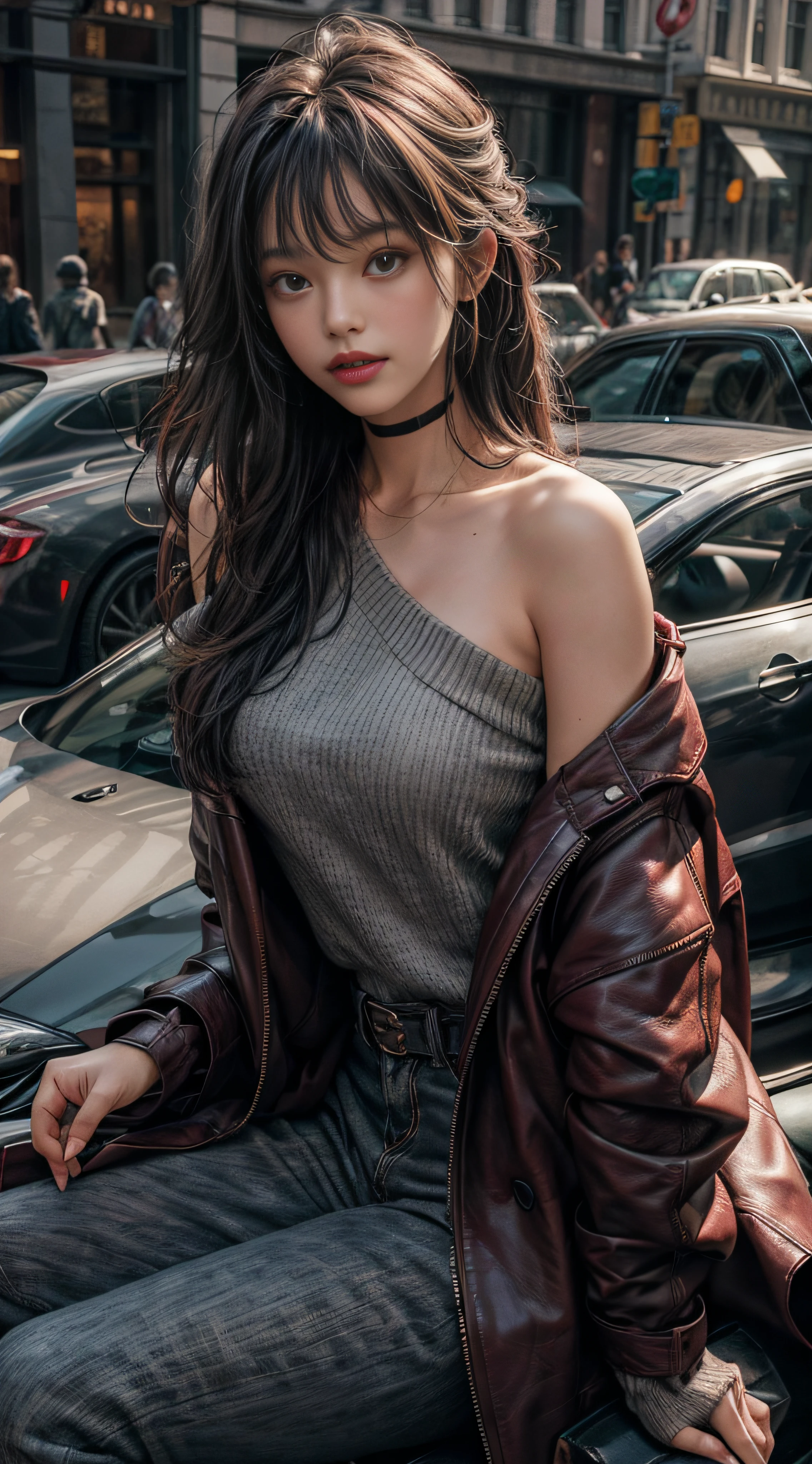 Gray sweater，Extra-long hair，Exposed shoulder，Burgundy leather coat，top of the mountain