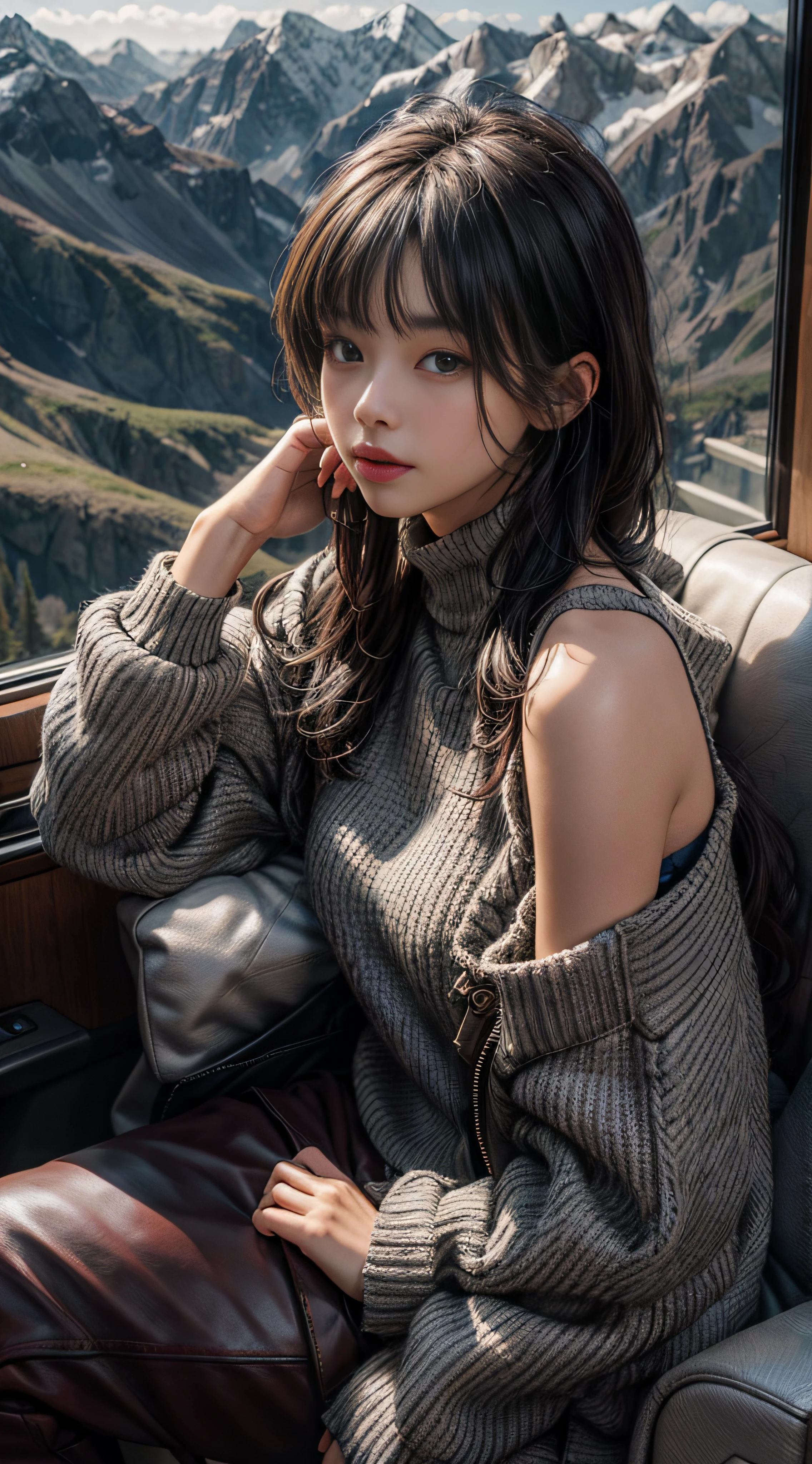 Gray sweater，Extra-long hair，Exposed shoulder，Burgundy leather coat，top of the mountain