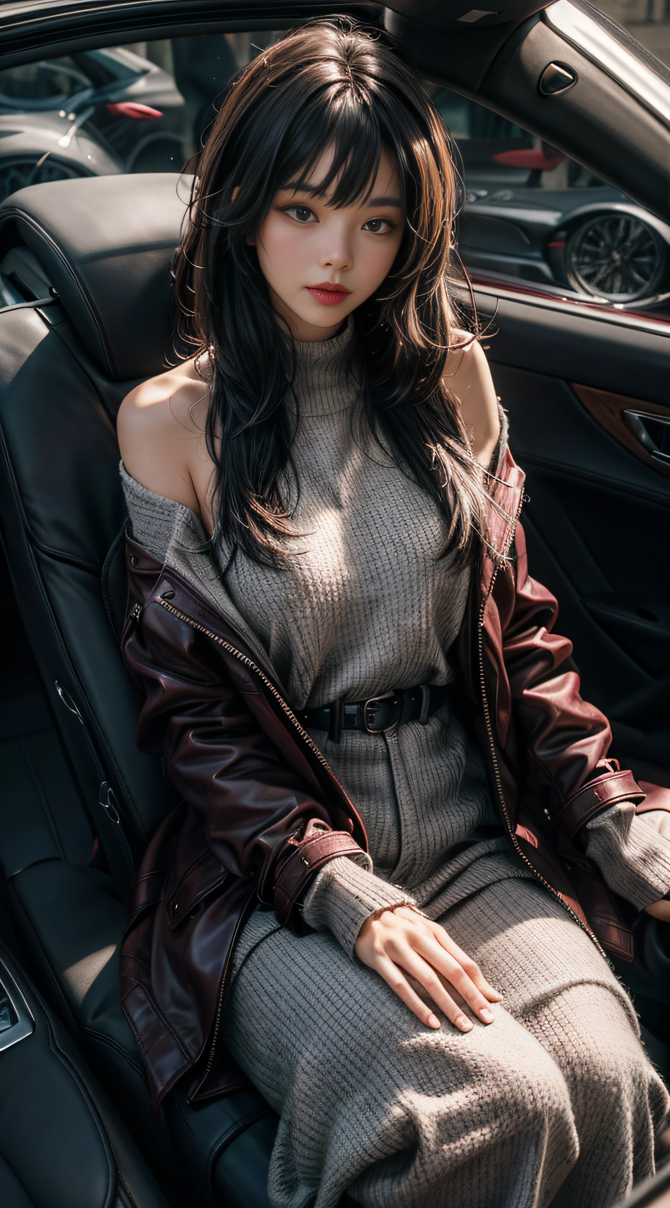 Gray sweater,Extra-long hair,Exposed shoulder,Burgundy leather coat,fancy car
