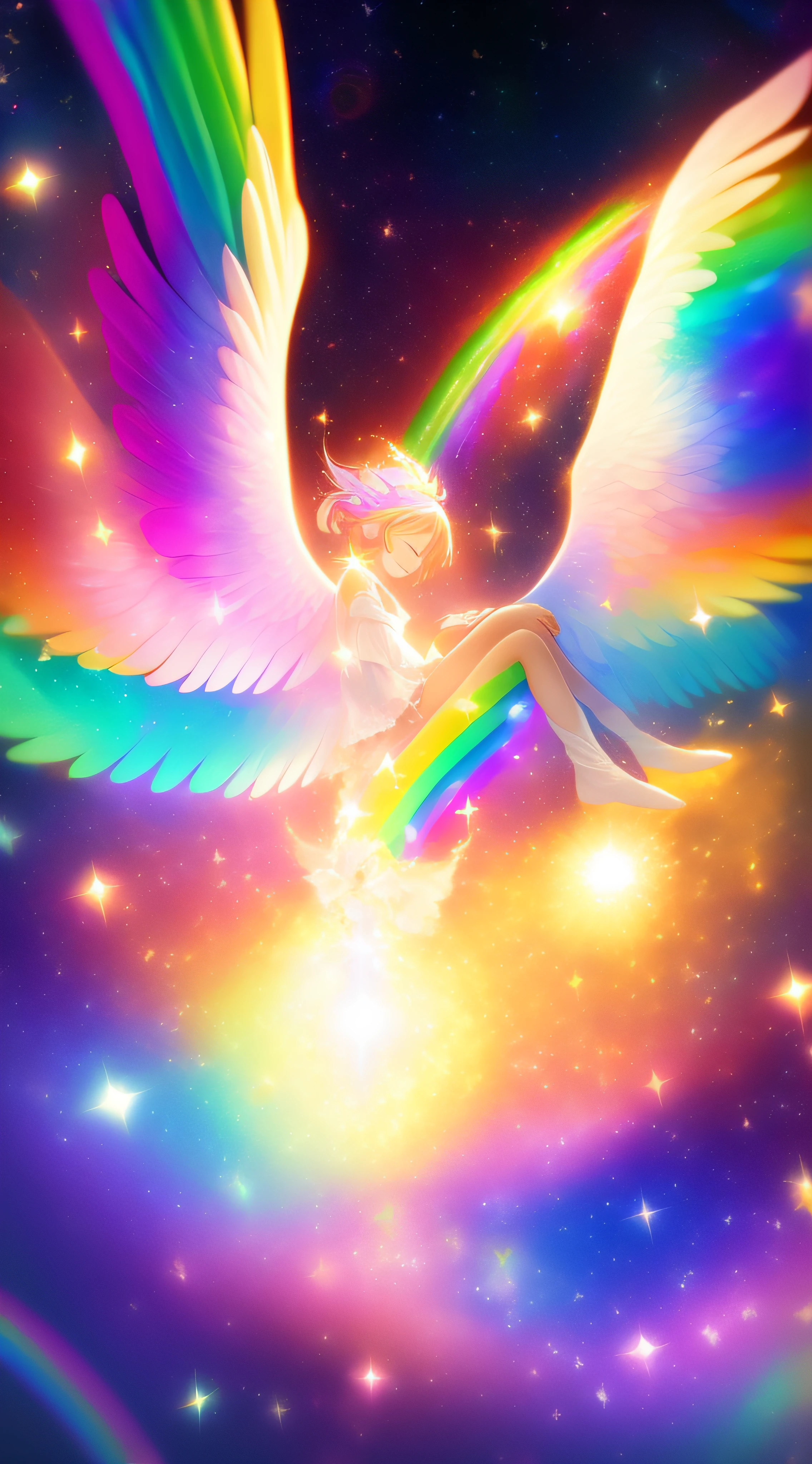 angelicales、Goddess smile、Floating in a rainbow-colored galaxy、A meditative、Calm、Serene、optic、Surrounded by light、blessings、Blissful Light
