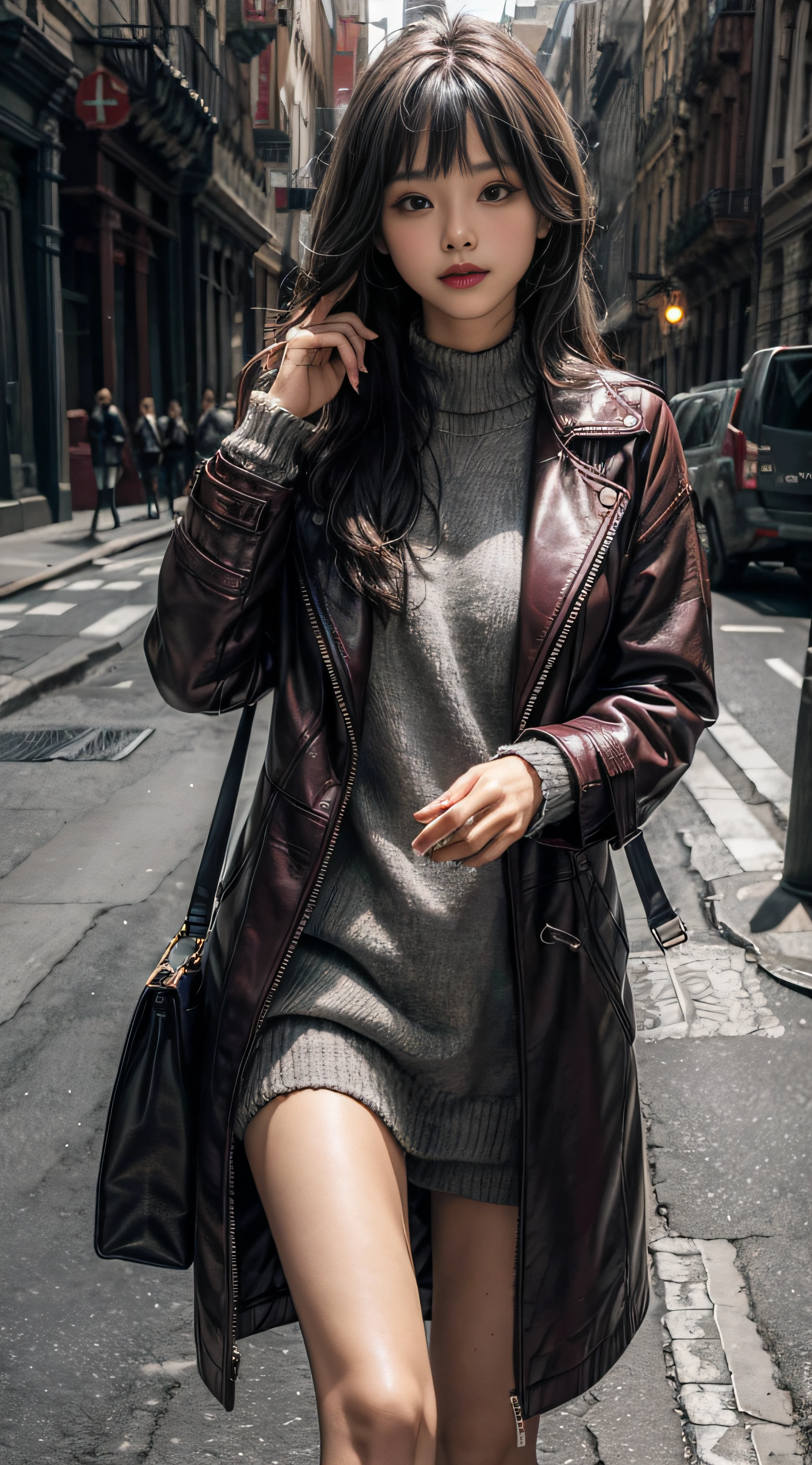 Gray sweater,Extra-long hair,Burgundy leather coat,