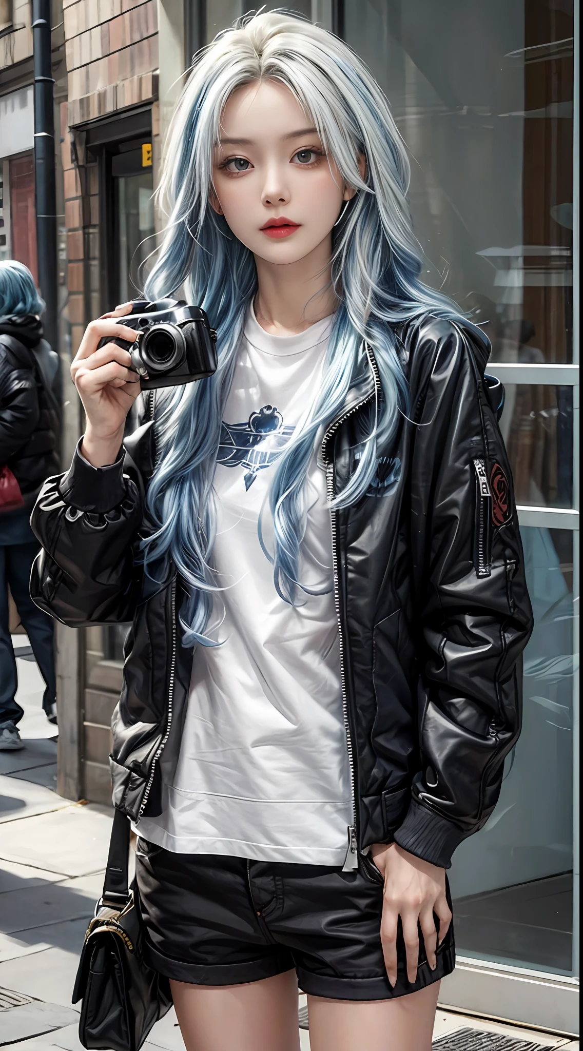 masterpiece, best quality,1 girl, solo, blue hair, long hair, tattoos, real, looking at camera, jacket,