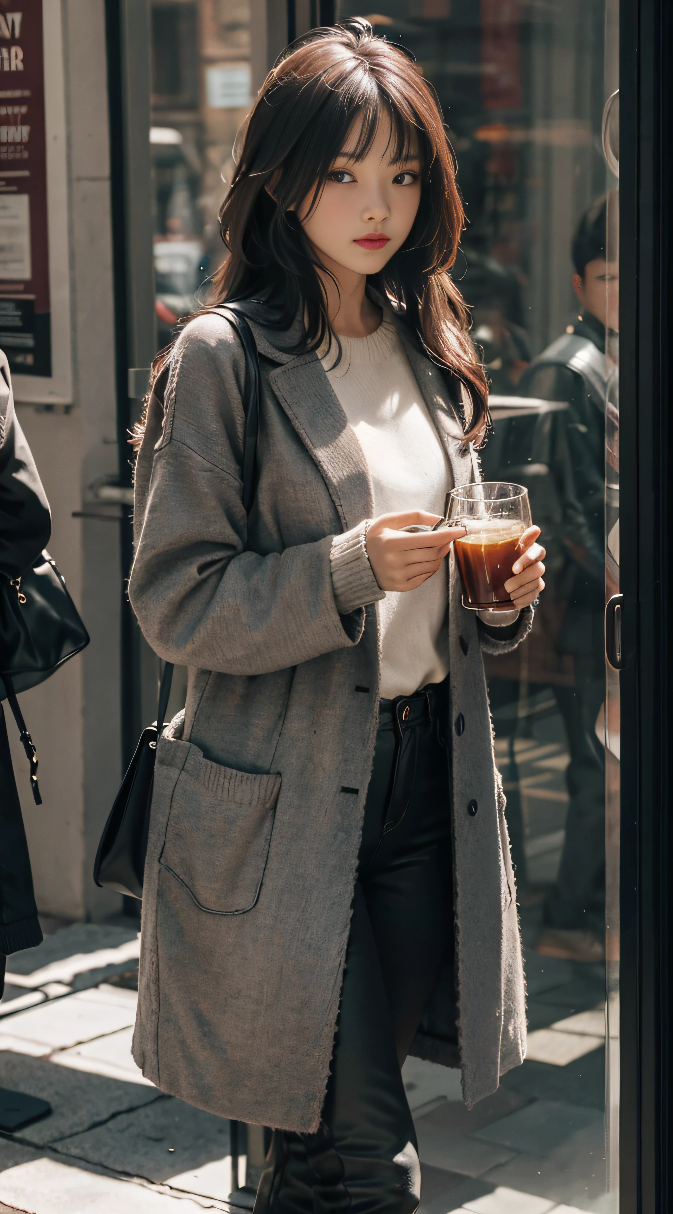 Gray sweater,Extra-long hair,Burgundy leather coat,glass window