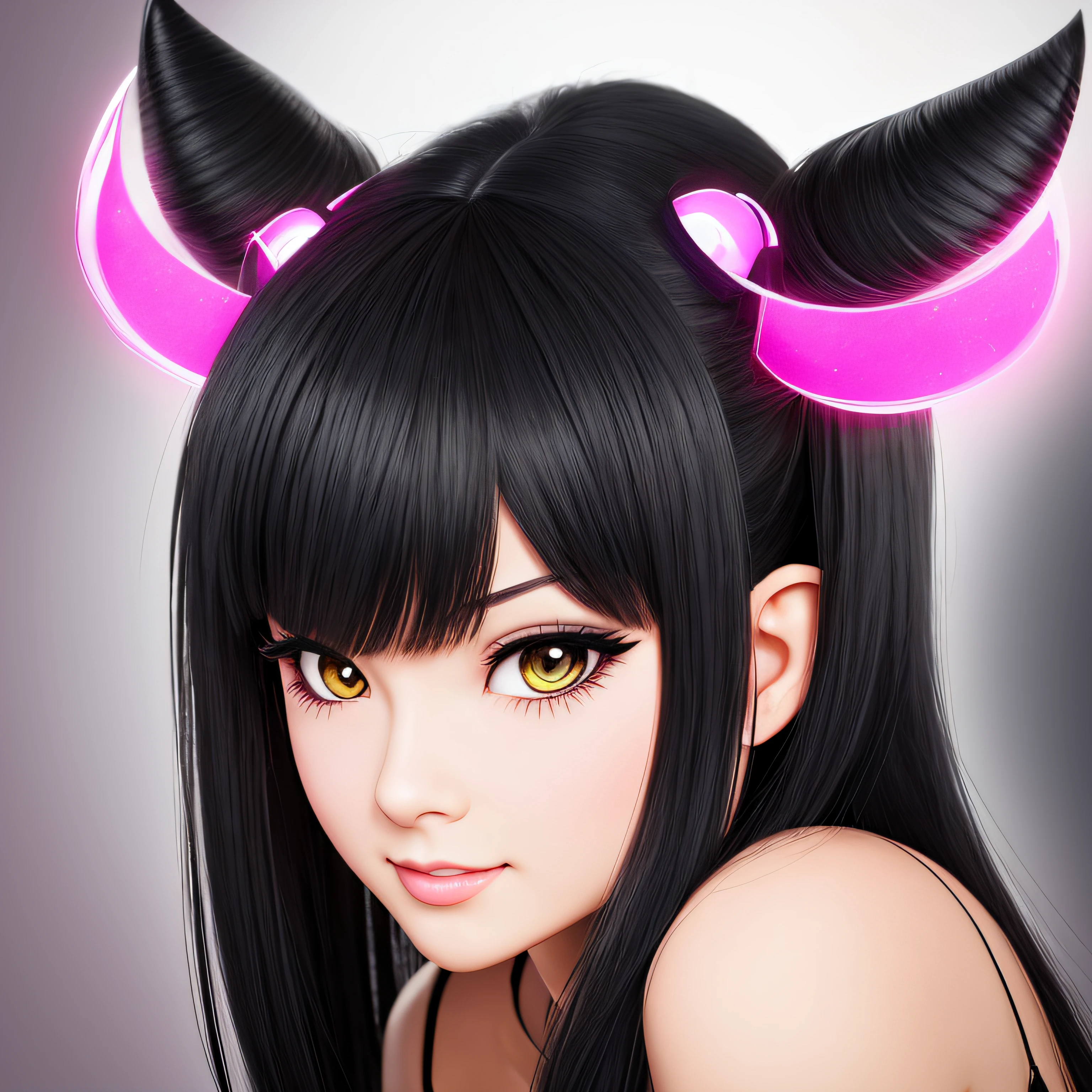 black hair, hair bobbles, wince, longeyelashes, solid circle eyes, fake animal ears, light smile, ear blush, fang, demon horns, blush, shy, Surrealism, drop shadow, anaglyph, stereogram, tachi-e, pov, atmospheric perspective, 8k, super detail, ccurate, best quality, super detail --auto