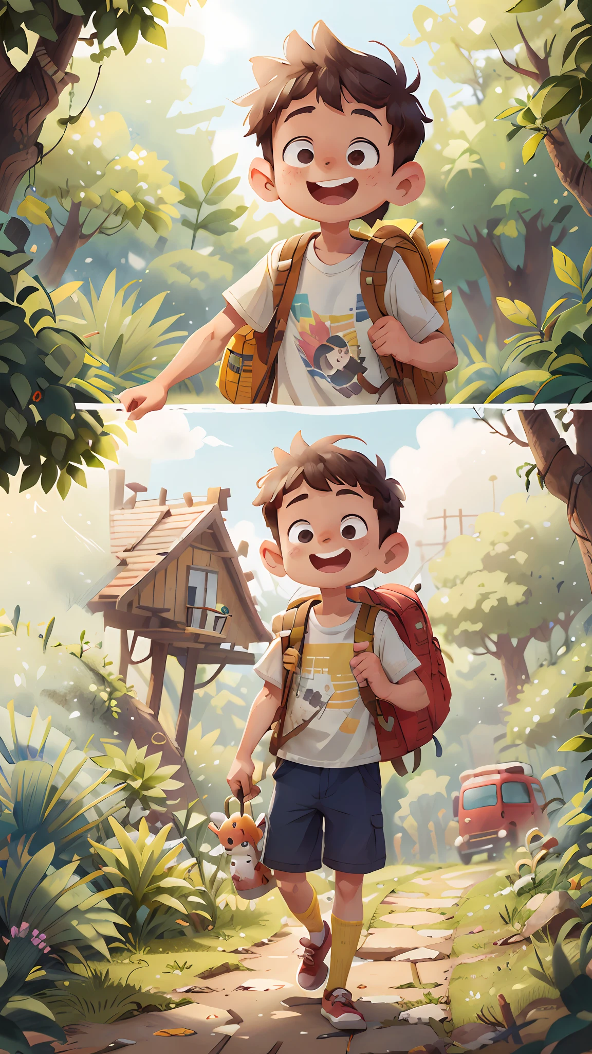 (SFW), 1 boy segurando um mapa caminhando na estrada, Spring Departure, various happy expressions, mochila nas costas, floresta no fundo, qualidade perfeita, Foco claro, Colouring, rosto perfeito, detalhes intrincados, angle of view ultra-low, lente grande angular