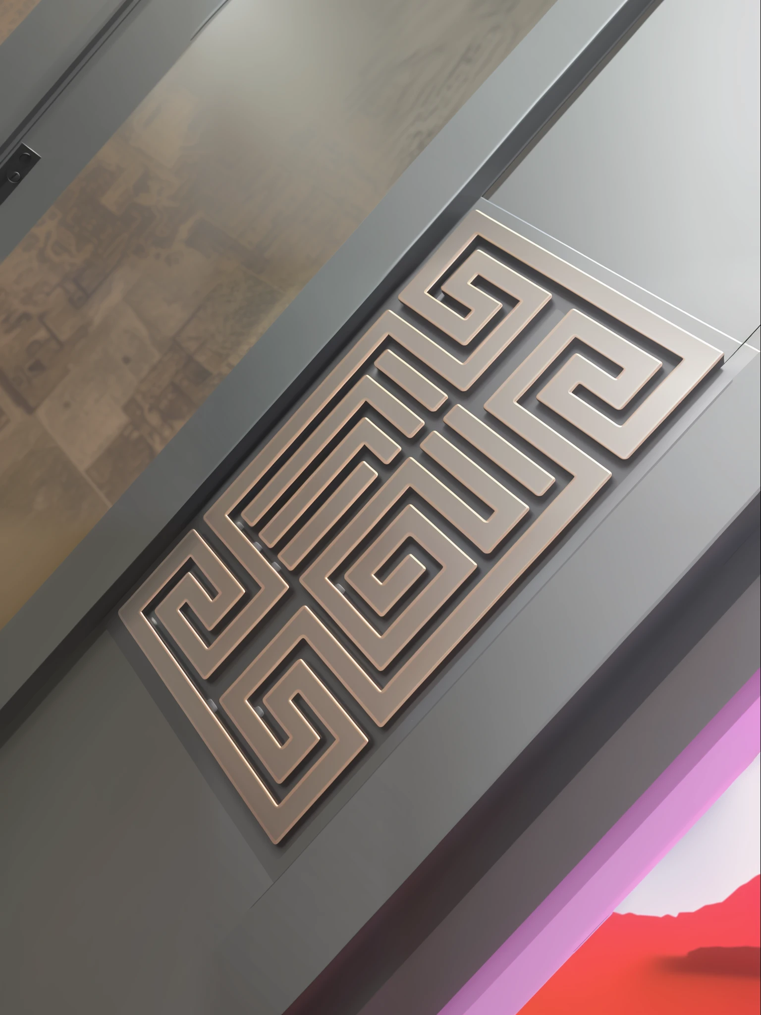 There is a metal door,There is a maze design on it, floor grills, etched relief, laser cut, ancient symbol behind it, Stylized design, extreme intricate metal details, graphic detail, Metal key for the door, Carved floor, vector art for cnc plasma, silicone patch design, symmetrical design, Decorative panels, Sleek complex design, with ornamental edges