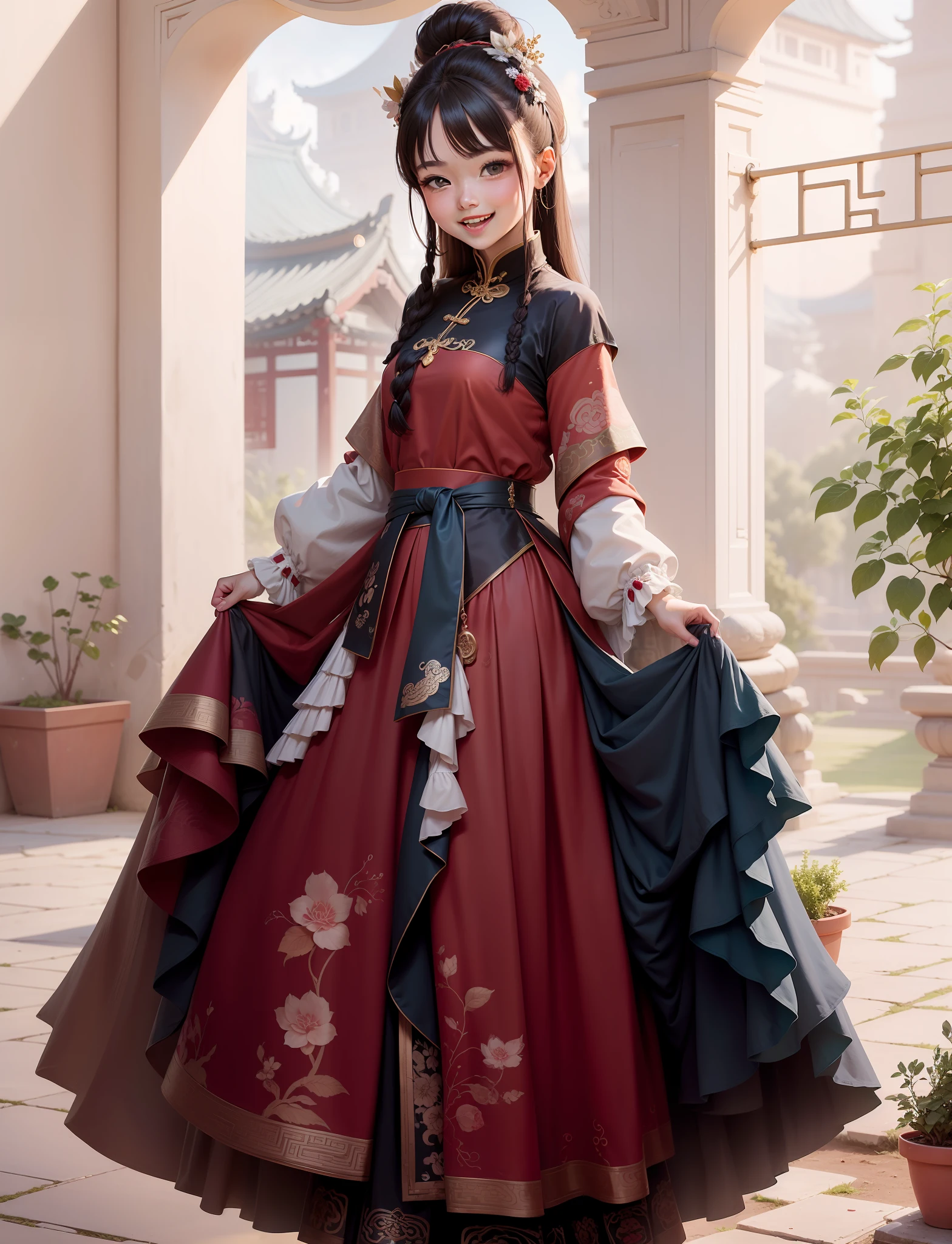 Positive, Optimistic, Cheerful and sunny, approximately 20 years old, The girl lives worry-free, Happy and comfortable,The skirt blends into the Western Regions style,But this girl was a princess of the ancient Chinese Central Plains Dynasty,The girl was smiling,Eyes narrowed slightly,Laughed out of two small dimples