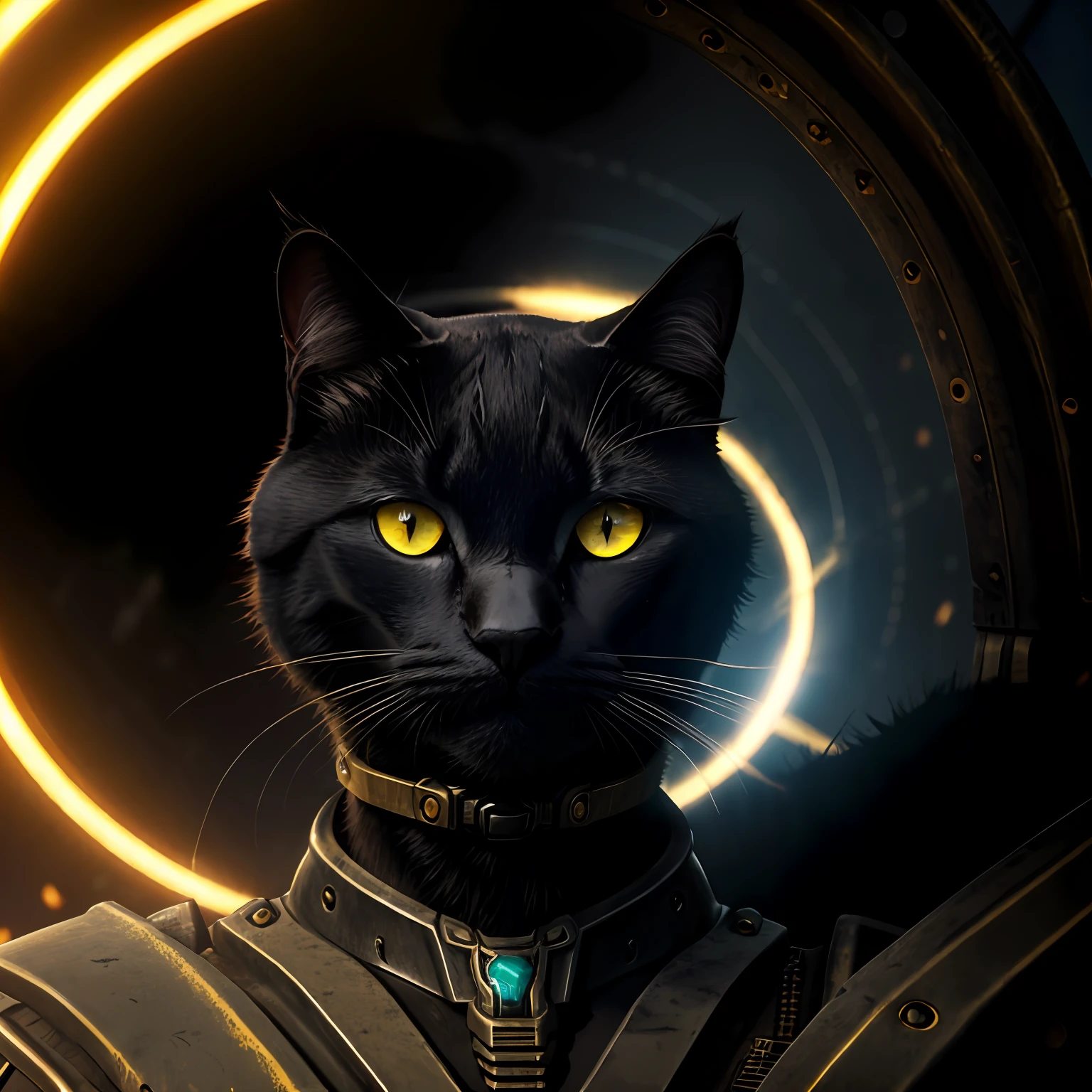Black cat,Golden eyes,Wearing mechs,Wasteland wind,Divine light overhead,arma,immensity --auto