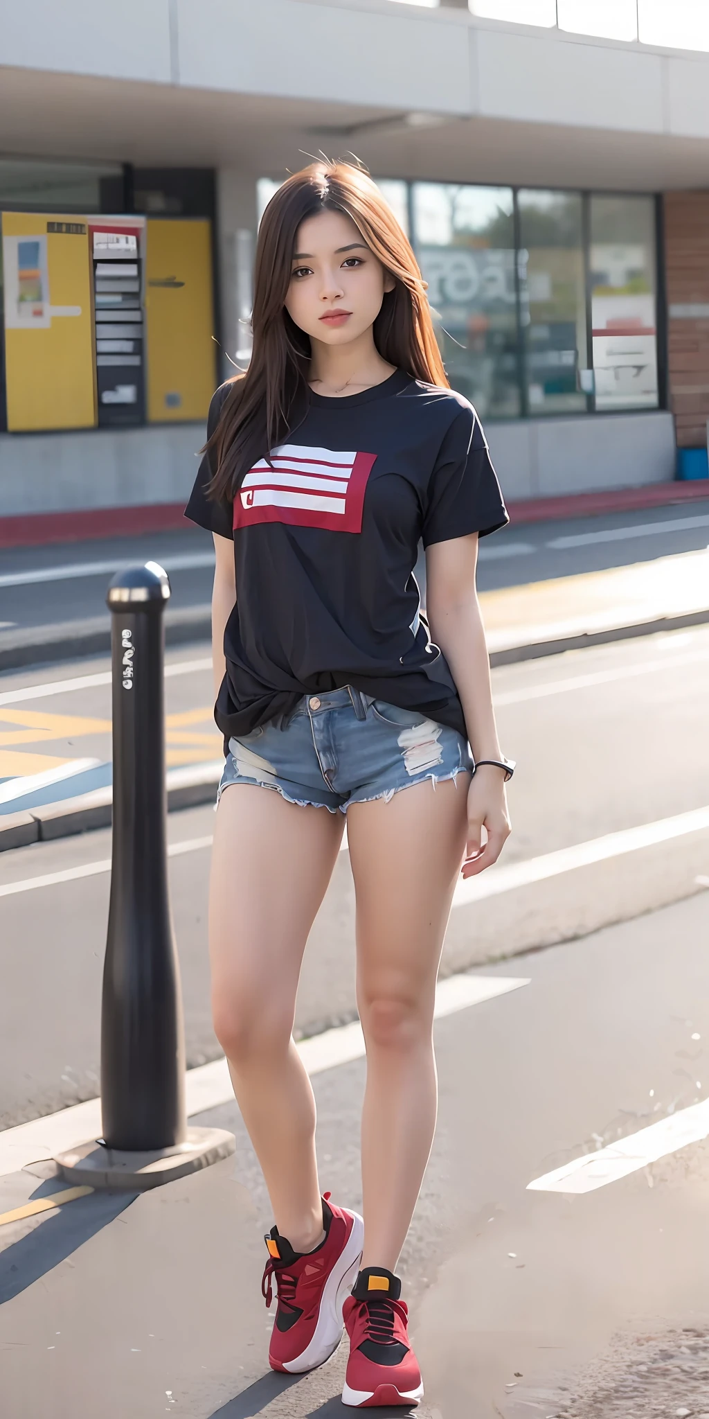 mix4, 20d, solo, long_hair, (((latina))) camiseta, shorts, sneaker, full_body, look_at_viewer, (8k, foto RAW, melhor qualidade, obra-prima: 1.2), (realista, fotorrealista: 1.37), profesional lighting, photon maping, radiosidade, Physically-based rendering,