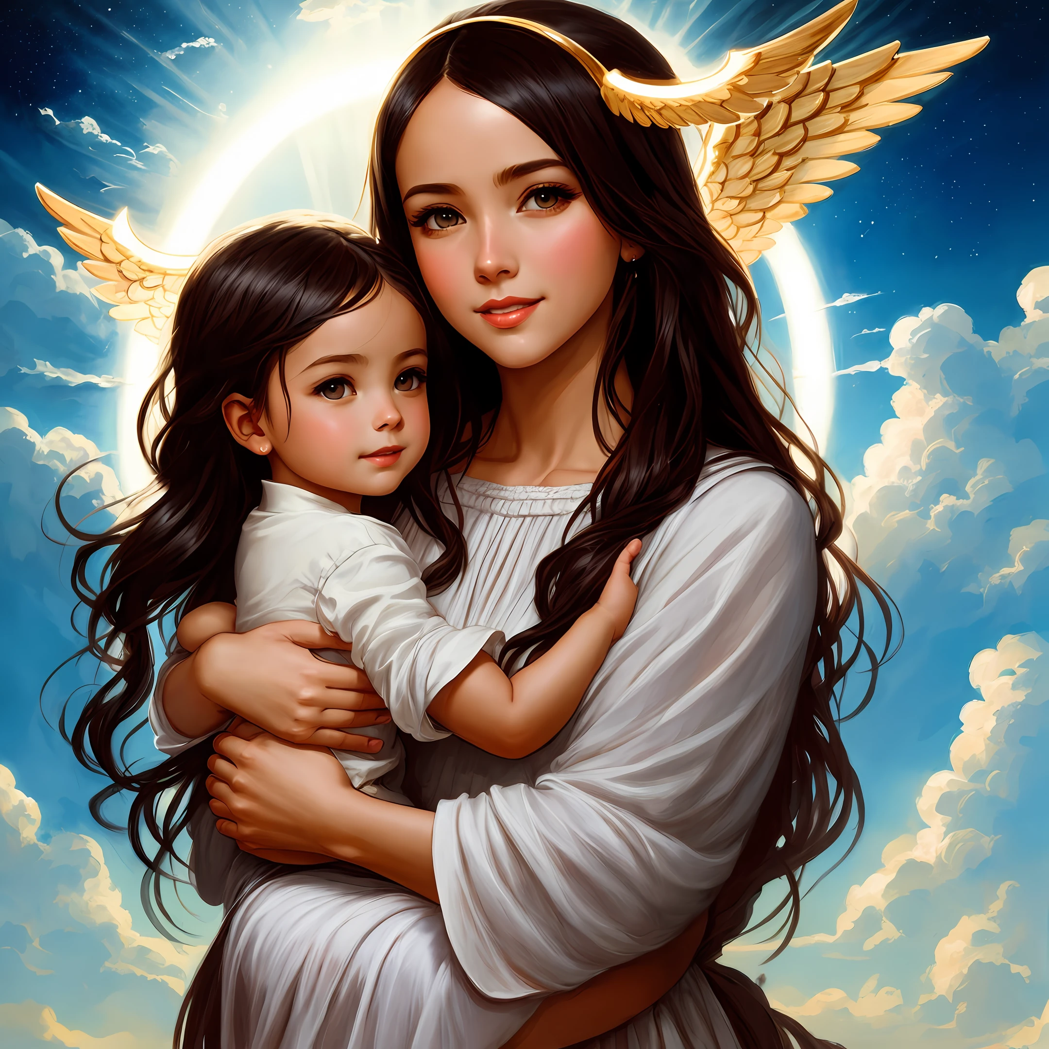 masterpiece, woman and child, holy virgin mary with little boy in her arms, ((halo over head)), smiling, heavenly sky, half body, ((divine light)), ethereal, clouds, back lighting, realistic portrait, symmetrical, strong, intricate drawing, highly detailed, digital painting, art station, concept art, fluid, sharp focus, illustration, against heaven's gate, cinematic lighting, works by artgerm and greg rutkowski and alphonse mucha