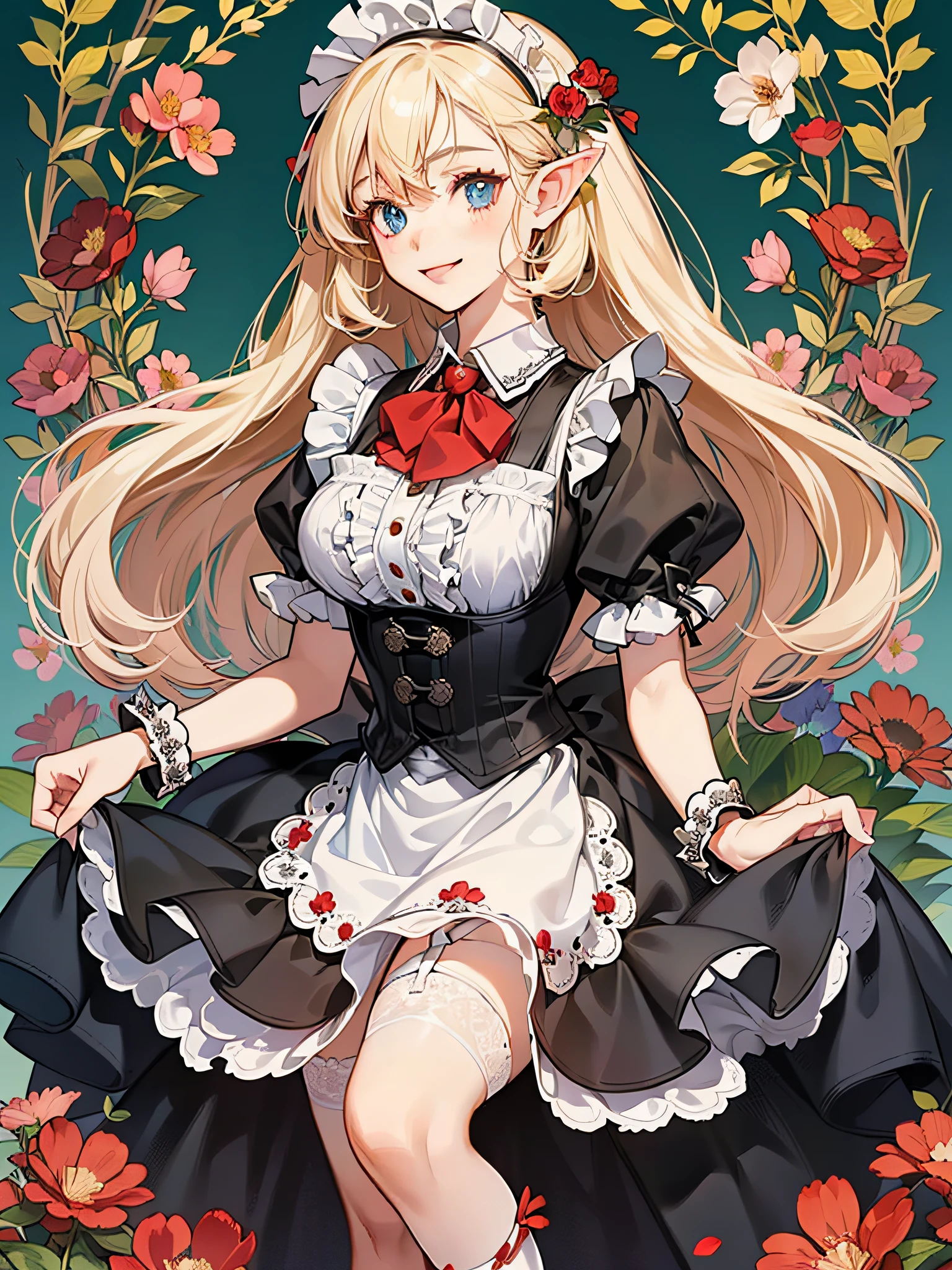 elvish, teens girl, solo, full bodyesbian, platinum-blonde,Twin-tailed, blue eyes, Smiled, Standing, Greetings at Curtsy, 
maid clothes(Solid black short dress, puff sleeves, Knee-length short dress, White cuffs with sleeves, 1 black button on cuffs, The collar is white, White Apron Dress(Shoulder buttons, White lace ruffles at shoulder straps, Big ribbon knot at the back))
Red Ascot Thailand, 
Head headband with white lace ruffles, 
Black garter stockings,
Black garter belt(Red flower embroidery on Boston)
white panniers(Lots of frills, The hem of the pannier is lace), 
Black enameled shoes(high-heels),
Mucha style background