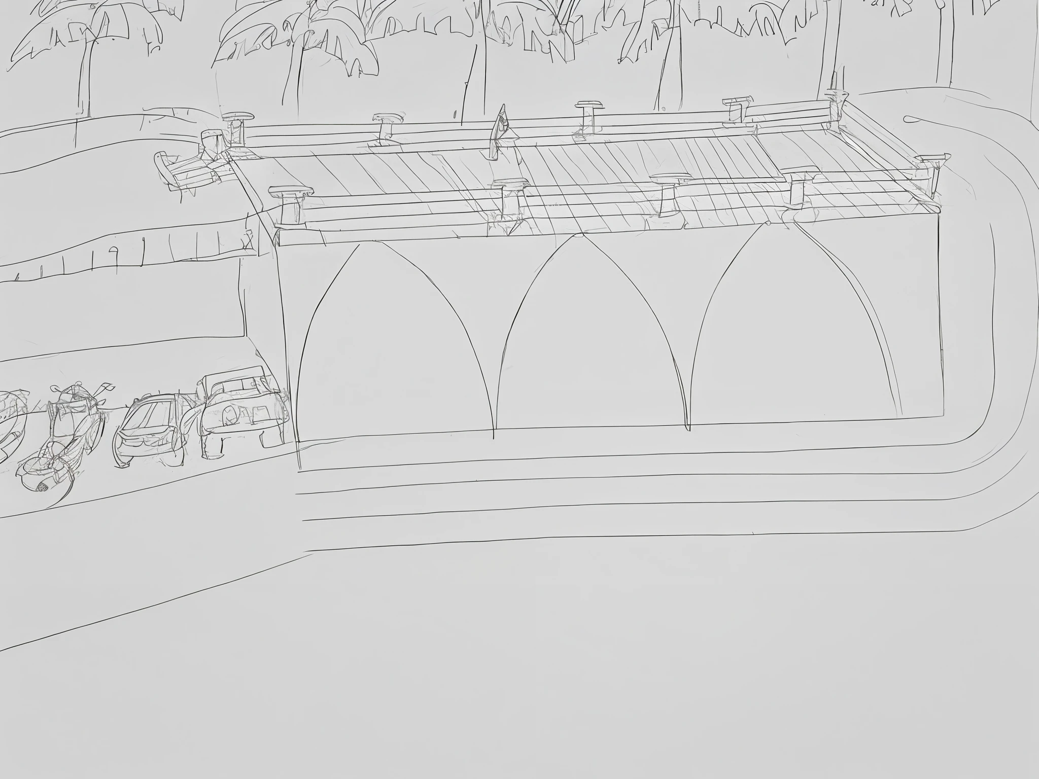 Dibujo de sala de arquitectura con arcos. Terrasa y palmeras,  a la izquierda cochera con una camioneta RAM, un auto peugeot rcz, una moto BMW GS 1250, una moto zanella rz 250, una moto custom 200 cc, Vehicle paths around, accurately drawn details, Dibujo conceptualy arcos, detailed penciling, Boceto conceptual, , a pencil sketch, Dibujo de contorno, Dibujo de arriba hacia abajo, Boceto de arte conceptual