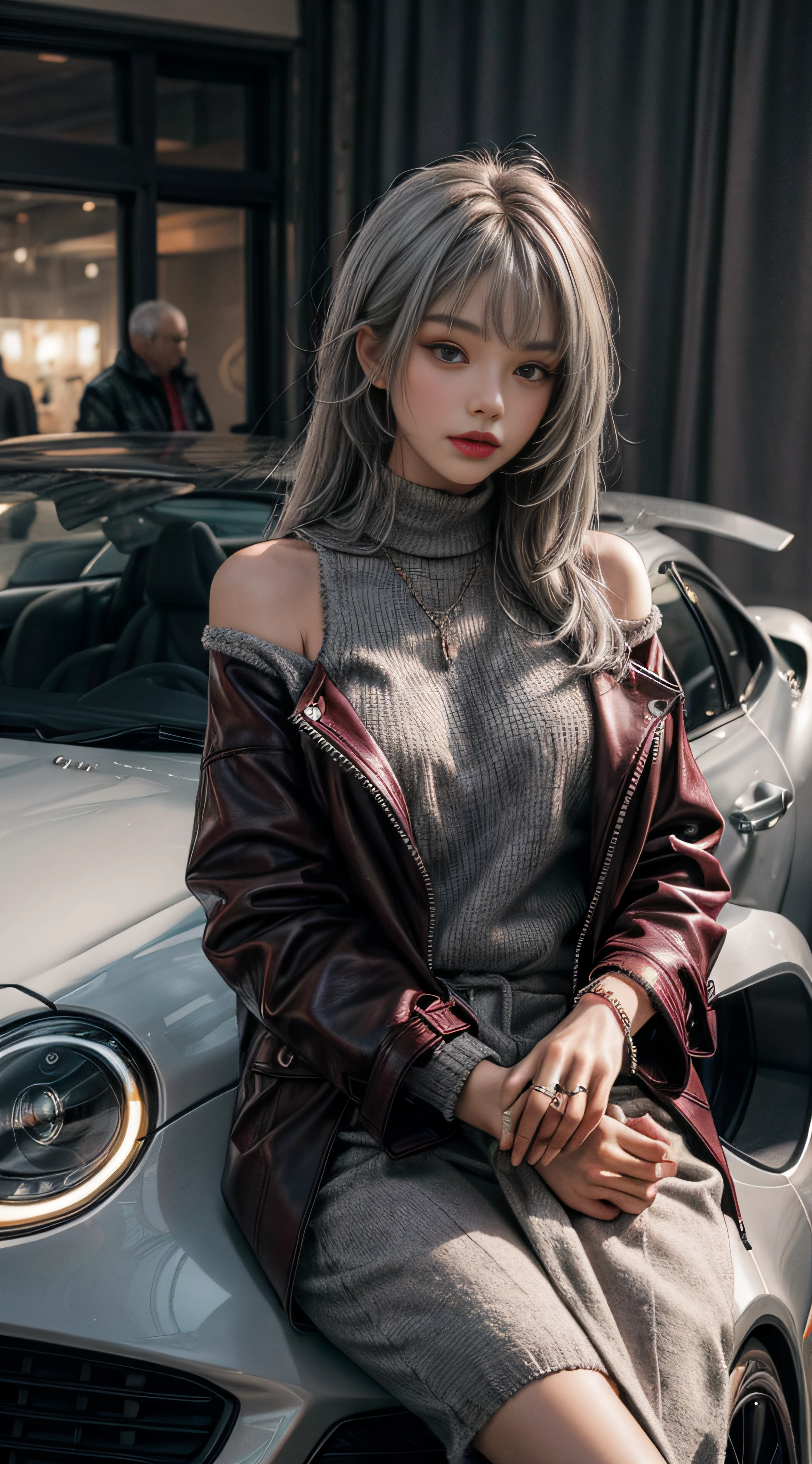 Gray hair，Gray sweater，Extra-long hair，Exposed shoulder，Burgundy leather coat，fancy car