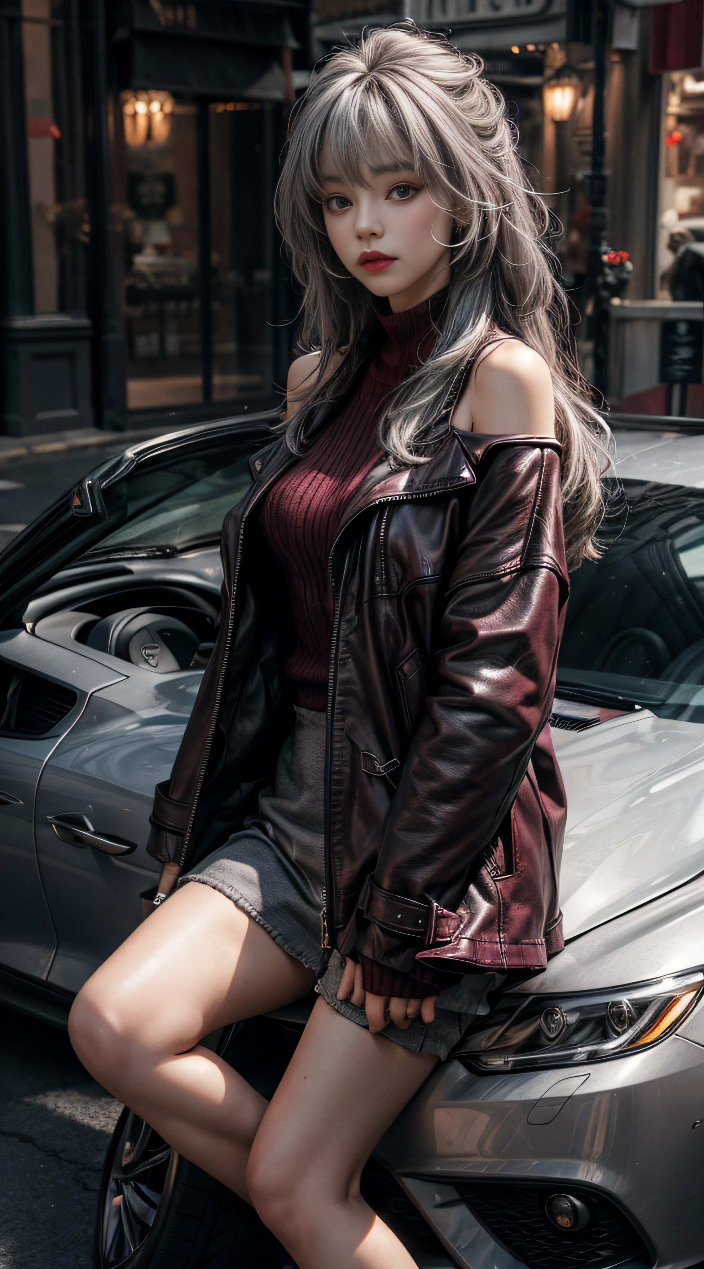 Gray hair,Gray sweater,Extra-long hair,Exposed shoulder,Burgundy leather coat,fancy car