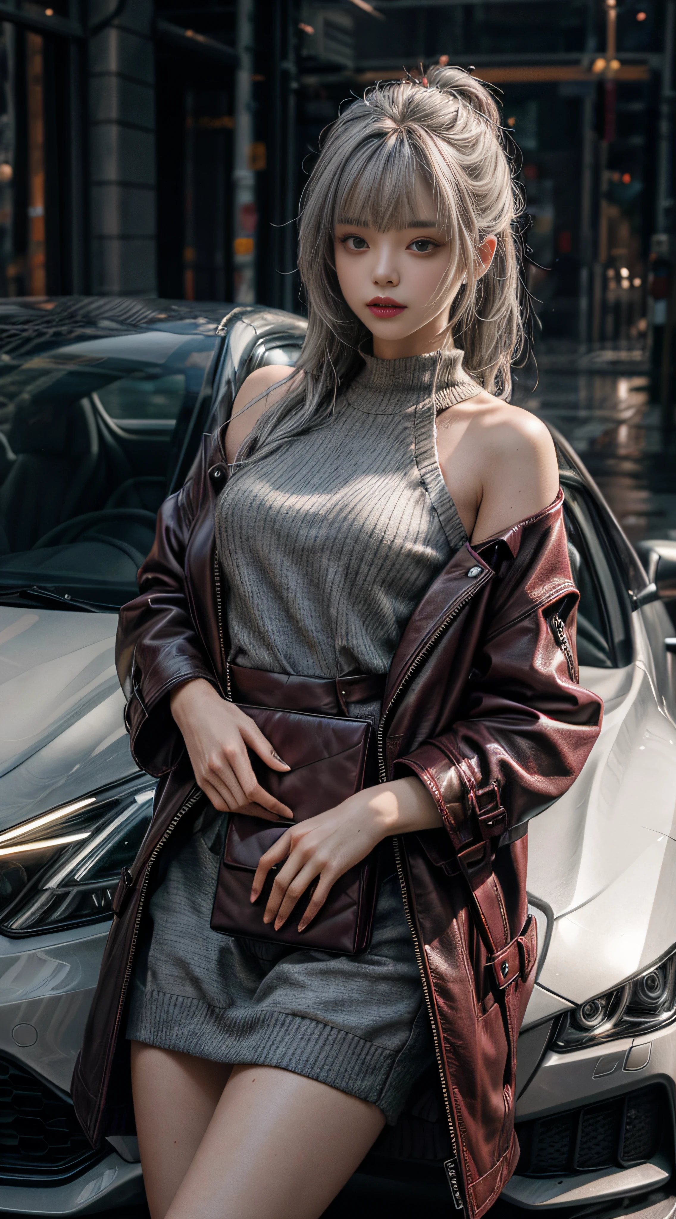 Gray hair,Gray sweater,Extra-long hair,Exposed shoulder,Burgundy leather coat,fancy car