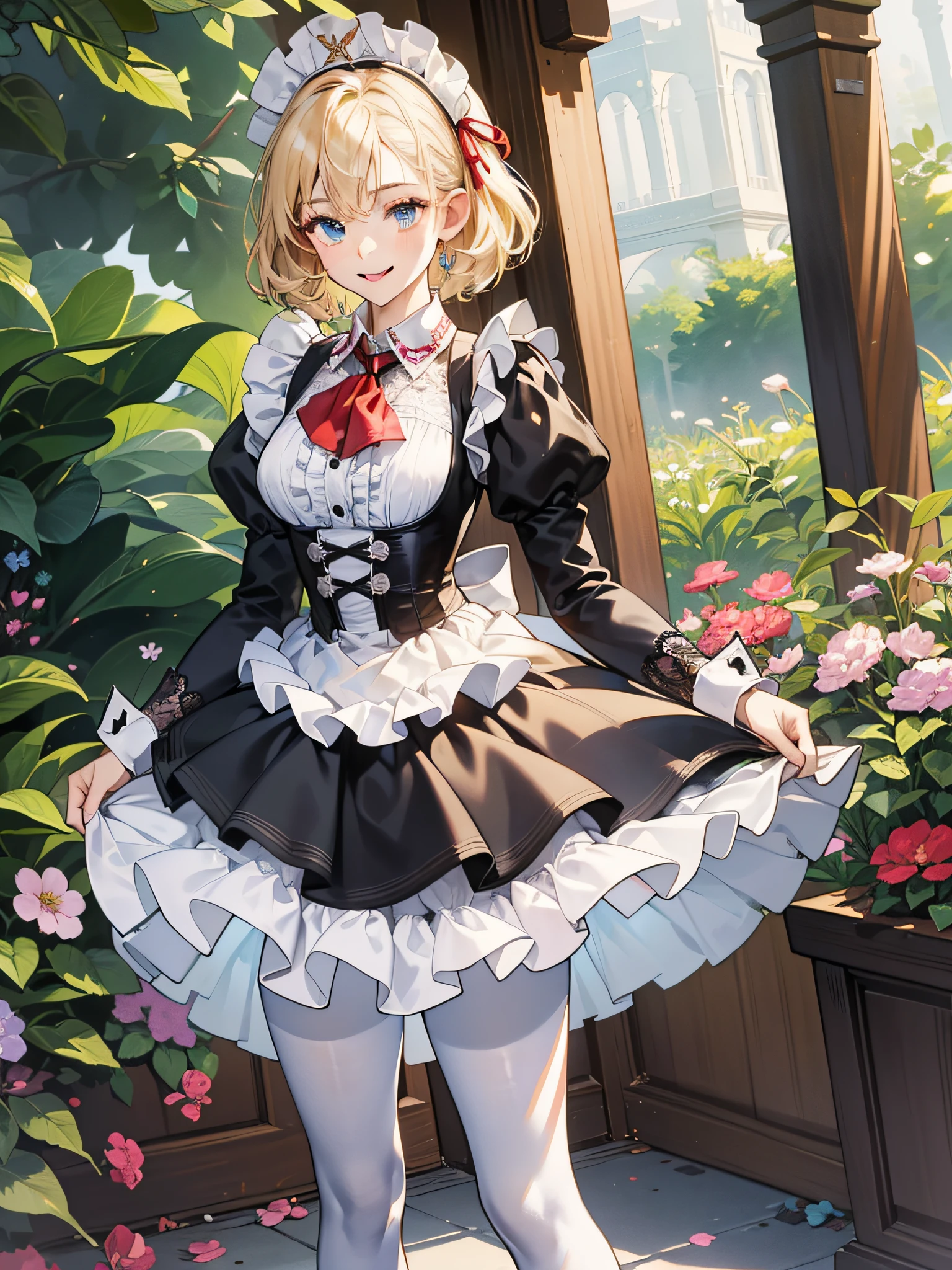 elvish, teens girl, solo, full bodyesbian, platinum-blonde,Twin-tailed, blue eyes, Smiled, Standing, Greetings at Curtsy, 
maid clothes(Solid black short dress, puff sleeves, Knee-length short dress, White cuffs with sleeves, 1 black button on cuffs, The collar is white, White Apron Dress(Shoulder buttons, White lace ruffles at shoulder straps, Big ribbon knot at the back))
Red Ascot Thailand, 
Head headband with white lace ruffles, 
White tights
White panniers(The hem of the pannier is lace), 
White Safety Pants
Black enameled shoes(high-heels),
Mucha style background