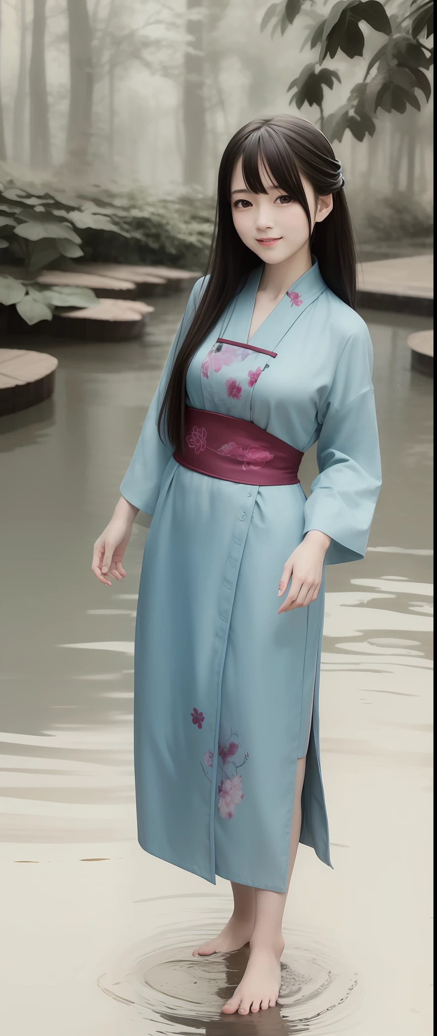 ((4k,masterpiece,best quality)), shuimobysim, traditional chinese ink painting, lotus, hanfu, maxiskit, dress conservatively 1girl, solo, long blue hair, smile, standing, feet in the water, barefoot,