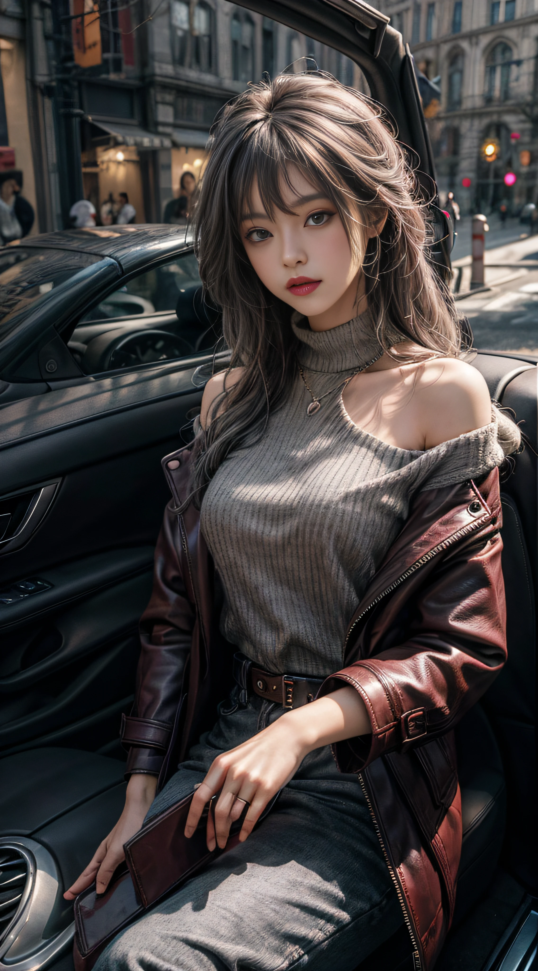 Bust photo，Gray hair，Gray sweater，Extra-long hair，Exposed shoulder，Burgundy leather coat，fancy car