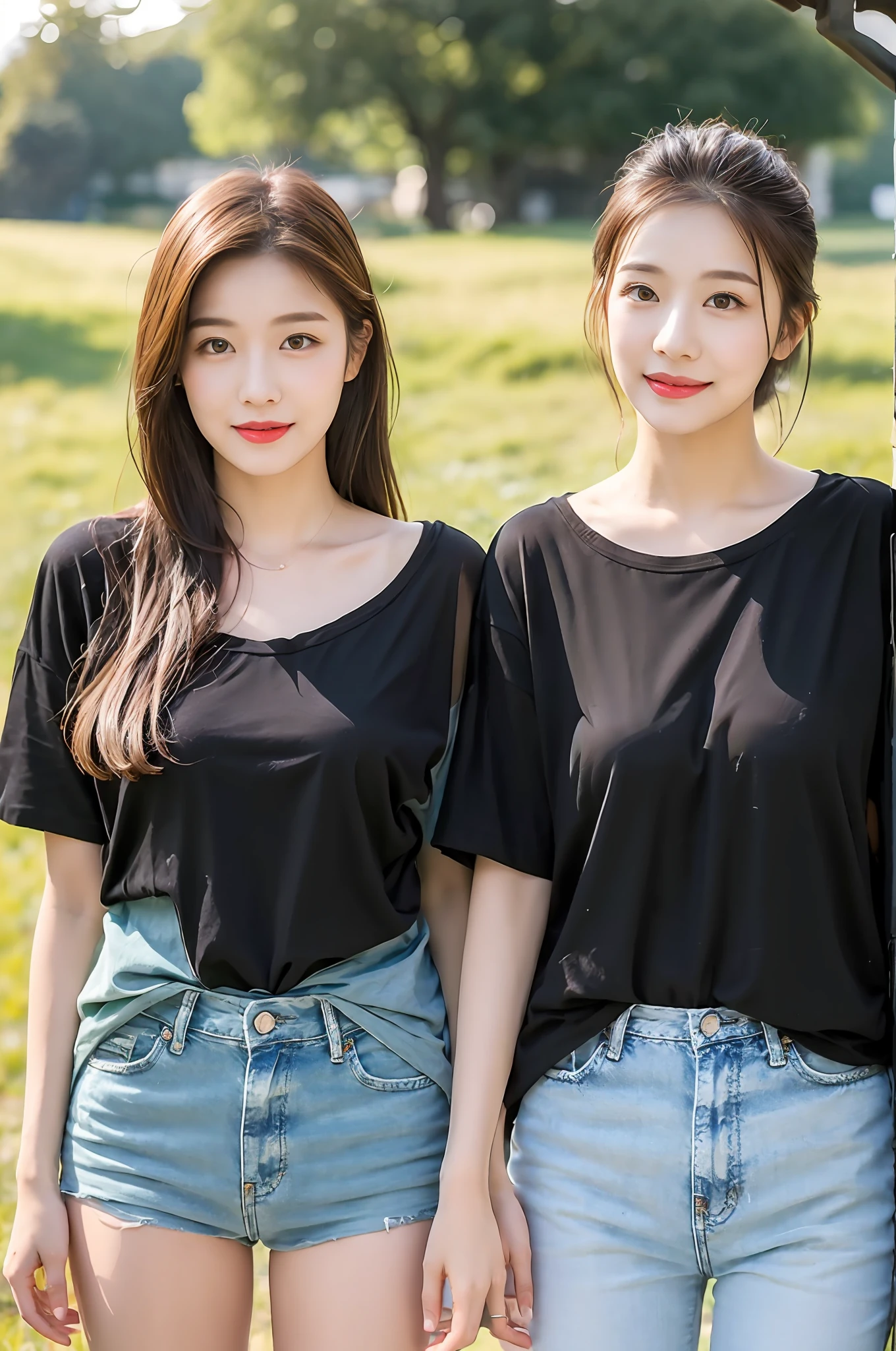 (best qualtiy:1.4),Complicated details,20 years old Korean girl,Wear a loose black T-shirt and skinny jeans,Stand on the grass and take pictures,Detailed meadow,A sweet smile,Super realistic detailed face,Coquettish pose,Slim calves,Wear colorful canvas shoes
