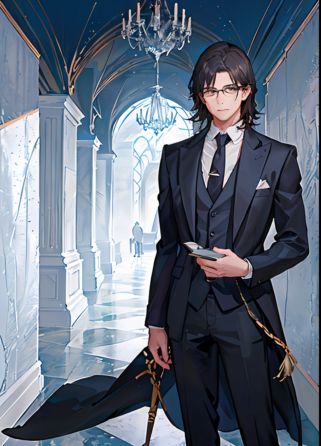 A music room with a grand piano and piano,The surrounding walls are made of ornate marble,There is a window,Outside the window is the boundless sea,The stars in the sky are like a galaxy。A man stood in front of the window,Has fluffy curls,Wear glasses,Look back at the piano in the house