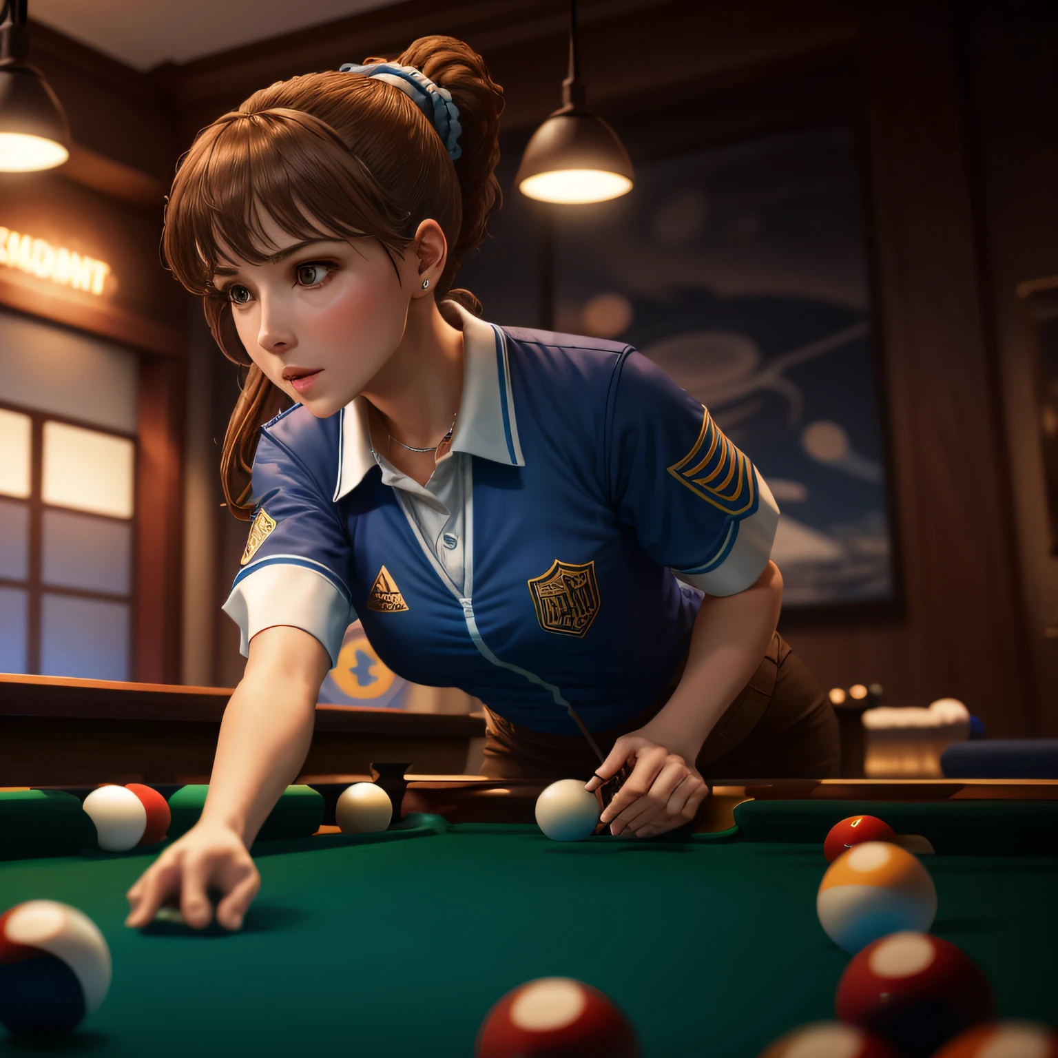 4k,realisticlying,Have temperament,High cold goddess Fan,The is very detailed,There was a woman at the pool table,Wearing a billiards referee's uniform,High ponytail,Brown hair --auto