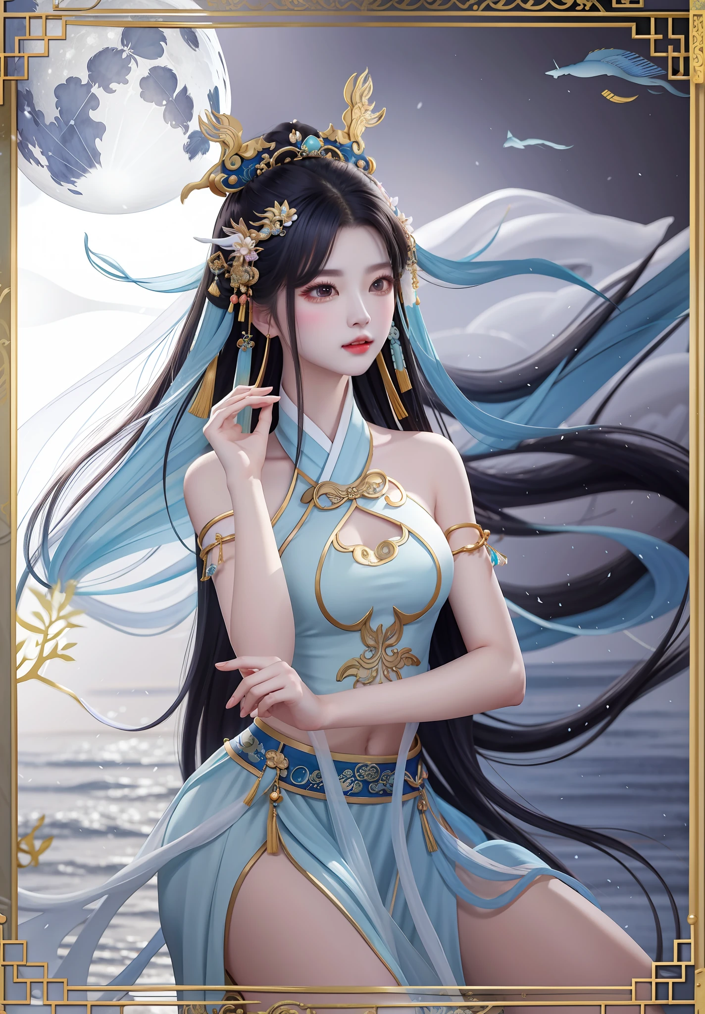 Woman in blue dress on full moon, inspired by Du Qiong, Inspired by Lan Ying, Beautiful character painting, full-body xianxia, queen of the sea mu yanling, Inspired by Qiu Ying, Inspired by Li Tang, inspired by Ju Lian, a beautiful fantasy empress, inspired by Zhao Zuo，There are no ornaments on the arms，Bare shoulders, Belly button legs，White legs