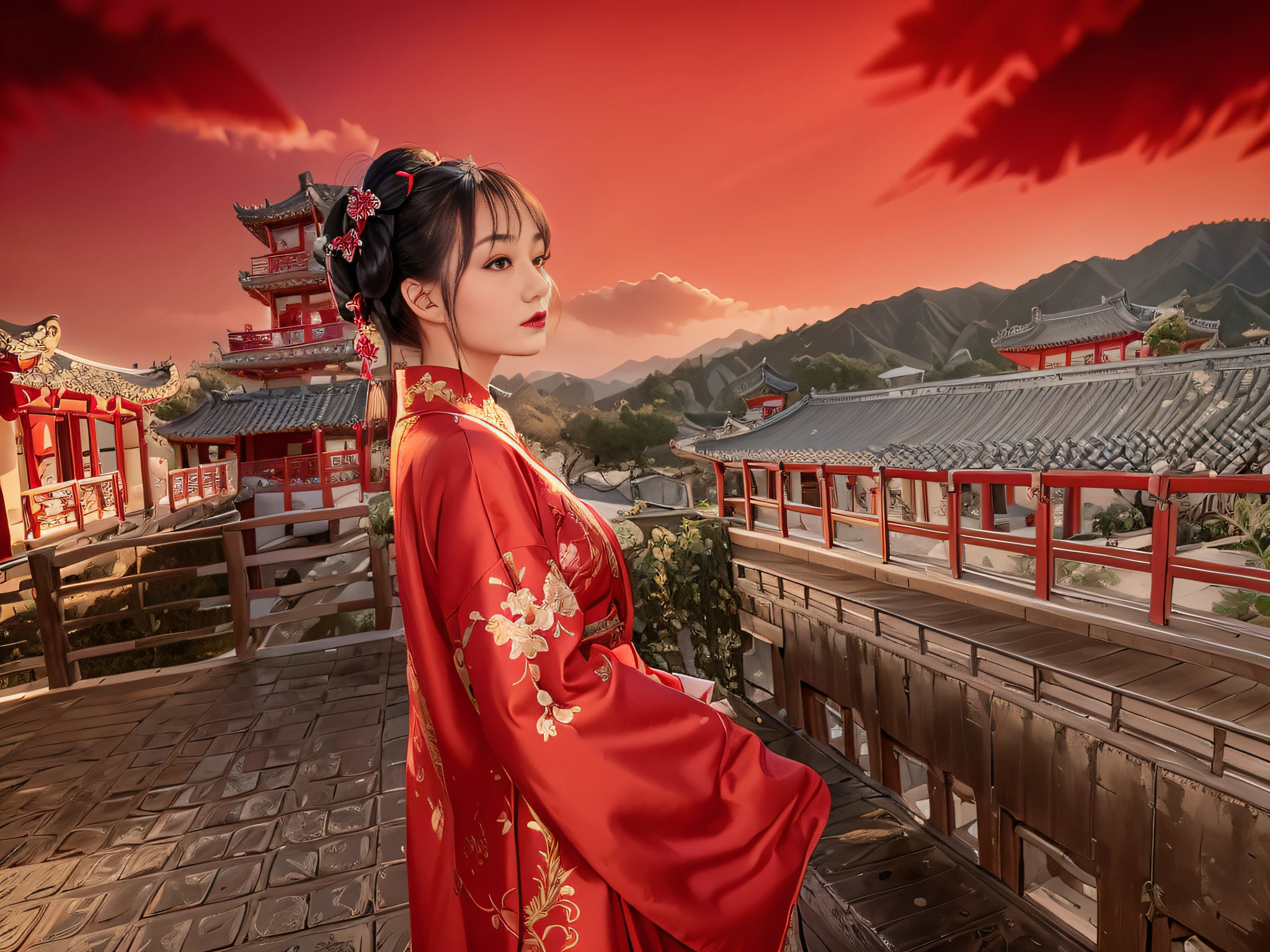 Aravi woman in red kimono standing on balcony, palace, Hanfu girl, wearing ancient Chinese costume, with ancient Chinese costume, Hanfu, traditional Chinese clothing, Chinese Traditional, white Hanfu, with ancient Chinese aesthetic, Chinese costume, wearing red cheongsam, Chinese style, Chinese costume, red kimono with flower pattern 8k, Canon 5D4, portrait photography, movie tune