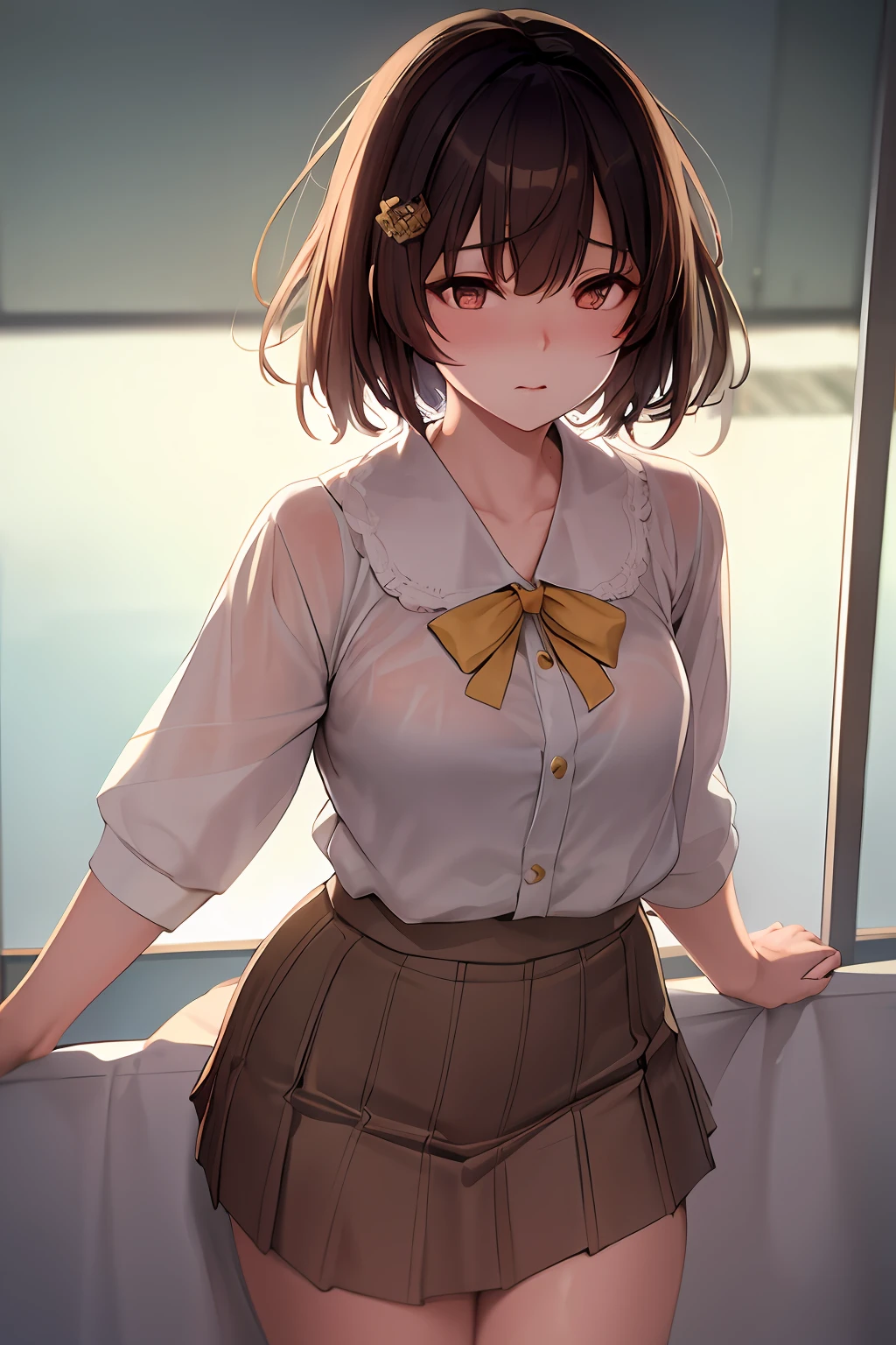 Virtual singer,Luo Tianyi。Luo Tianyi wore a sailor suit
and short skirts,Stand at the hallway railing of the school,balustrade
Brown。Luo Tianyi turned his face sideways to me,Look at
Distance,The background of the picture is part of the classroom and far away
Trees of the view