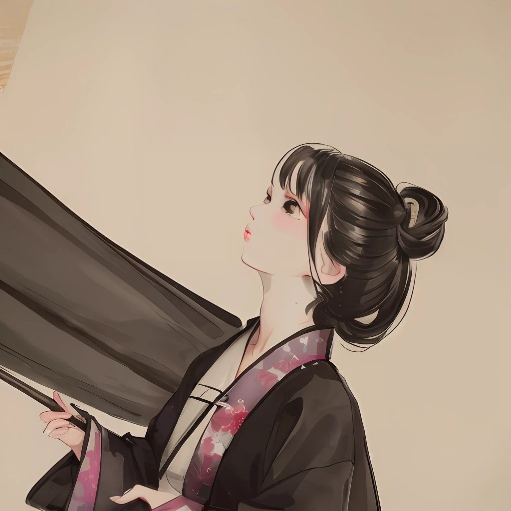 Chinese painting high ponytail black hair Hanfu looking up at the paper umbrella Jiangnan
