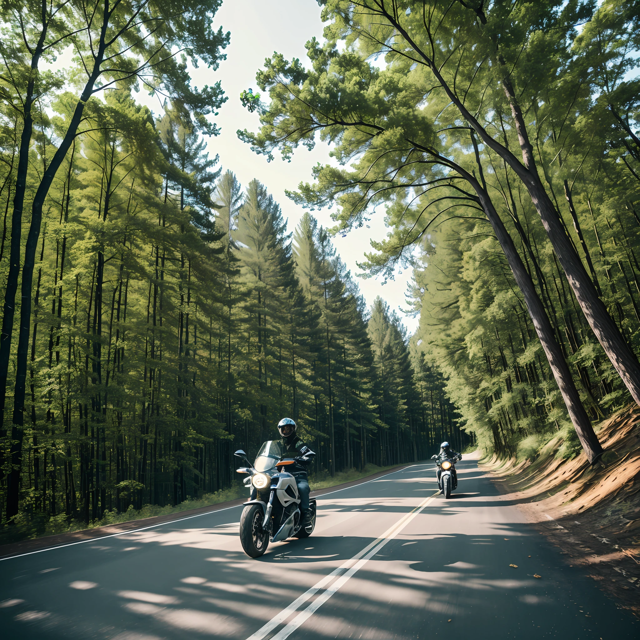 On the road there is a man riding a Ducati self-tour 800 motorcycle,Machine armour wind,Trees in the background, panning shot, scrambler, motorbiker, biker, speeding on motorcycle, --auto