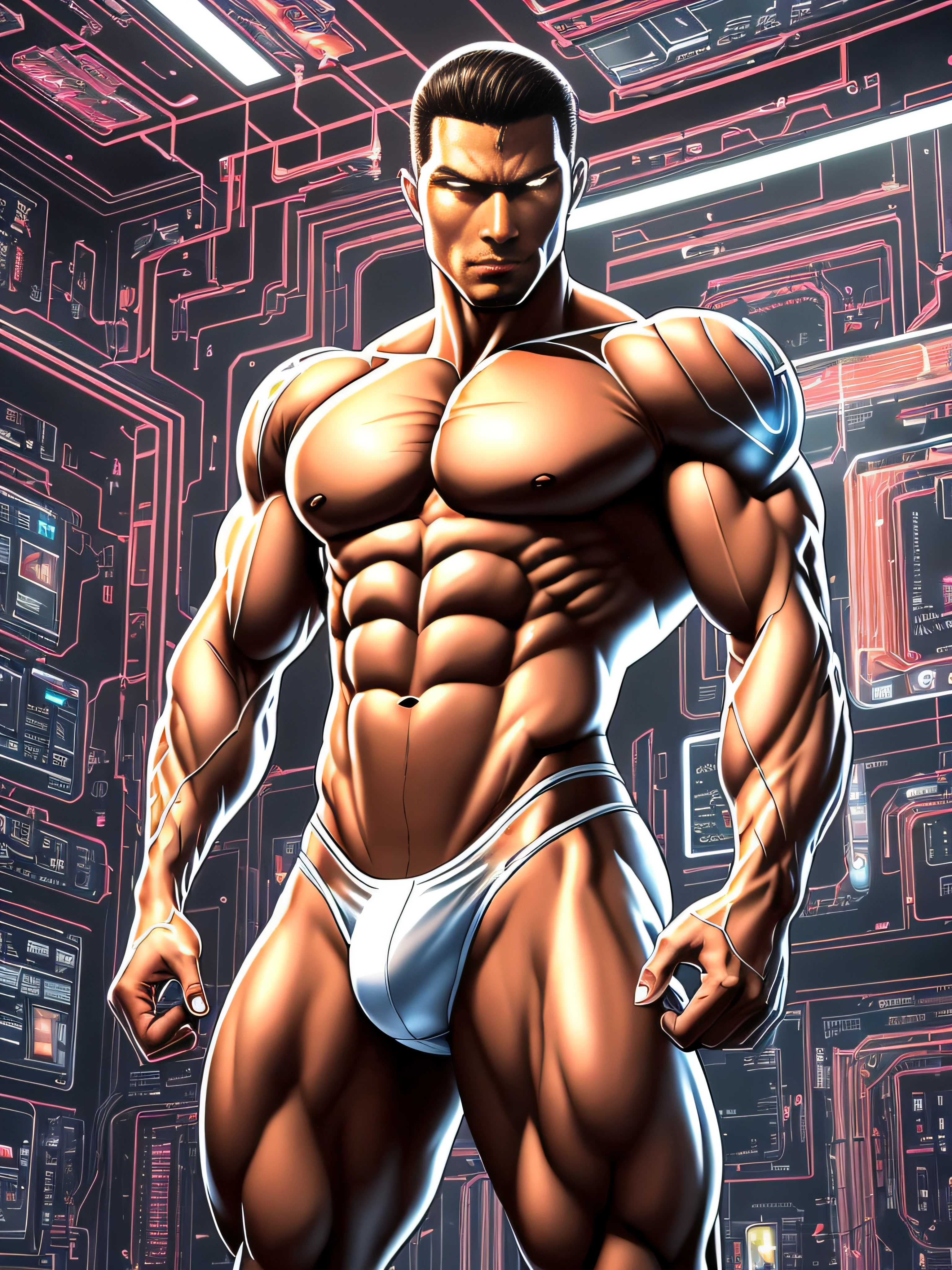 (The art of leading technology，1.4)，Ahead of the curve，（Electronic systems: overhead humanoid robots，Naked muscular masculinity：1.2），（tmasterpiece，best qualityer，Official fine art， Aesthetics：1.2），（Hyper-detailing），（（see-through thong：1.2））（（Biopunk，Cyborg man：1.1））（（various old tvs in the background：1.1））finely detailled，Most Best Illustration，hand-drawn high quality，（scybernetic，hight contrast），（Have a detailed brain that you can see：1.3），（Artistically），Line drawing，（Complex lines），Clear lines，s fractal art，Brush strokes，ukiyo-style，（nakeness，Muscular macho，full-body portraits，see-through thong，Extreme closeup：1.1），（Muscular macho，Skin tone transparent tweezers：1.1）（,With a delicate heart that can be seen：1.1），The perfect facial features of a supermodel，whole body show（muscles cable wires：1.2），Large scene composition，Perfect pectorals and abs，Mysterious night，Extremely provocative and sexy（Add details），（detailedbackground：1.2），（|cyber punk perssonage，core，），A high resolution，extremy detailed（（Realistic skin，Ultra-artistic，I only wore a pair of transparent thongs with a skin tone，The internal structure is faintly visible：1.2））（（whole body display，Extreme detail：1.2））（Canon M50|100mm|sharp fokus |Gently|ultra-realistic realism |The is very detailed|intricately details |blood vessel ：1.2）