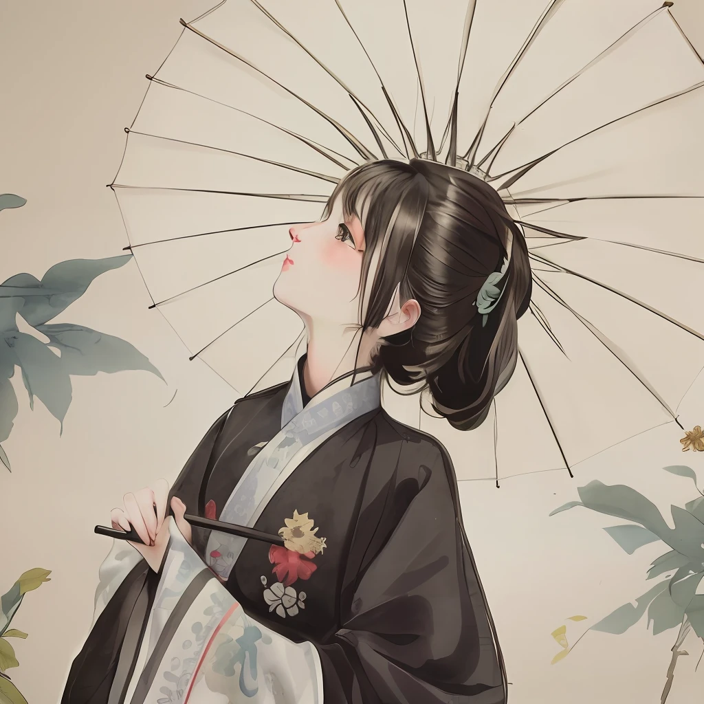 Chinese painting high ponytail black hair Hanfu looking up at the paper umbrella Jiangnan