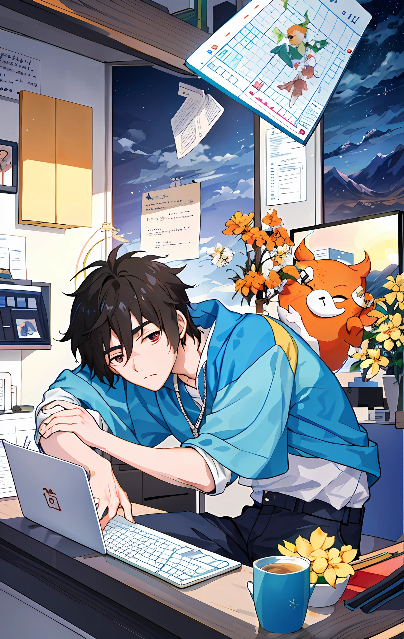 There is a person who works on a computer,He looked tired, sad,exhaustion,Inspired by Bian Shoumin, inspired by Chen Daofu, inspired by Huang Gongwang, Inspired by Zhang Han, Digital anime illustration, Use the keyboard, Inspired by Seki Dosheng, inspired by Ma Yuanyu, inspired by Wuzhun Shifan, Inspired by Xiao Yuncong