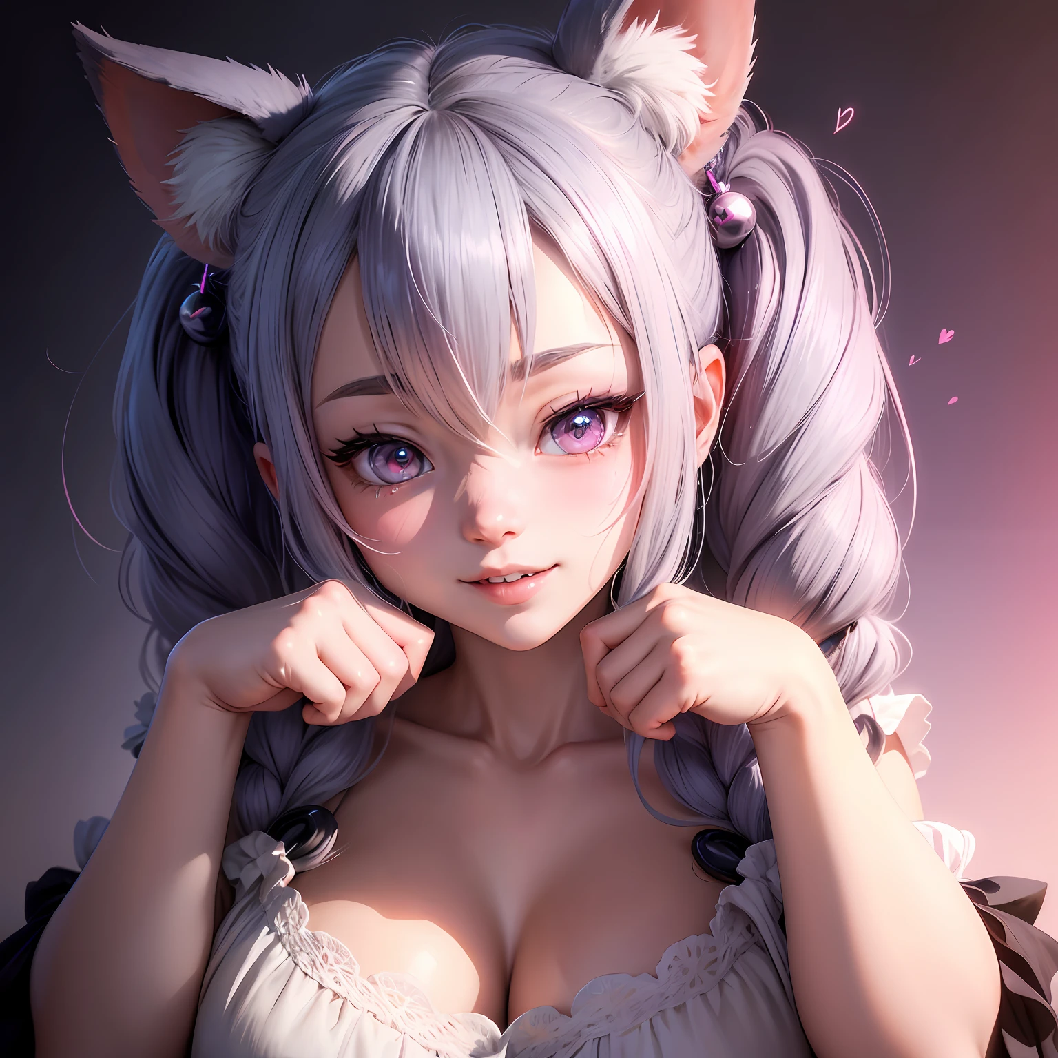 hair bobbles, wince, longeyelashes, solid circle eyes, fake animal ears, light smile, ear blush, fang, twintails, kemonomimi mode, mole under eye, heart-shaped pupils, sparkling eyes, ear blush, moaning, Surrealism, drop shadow, anaglyph, stereogram, tachi-e, pov, atmospheric perspective, from below, upside-down, 8k, super detail, ccurate, best quality, 4K --auto