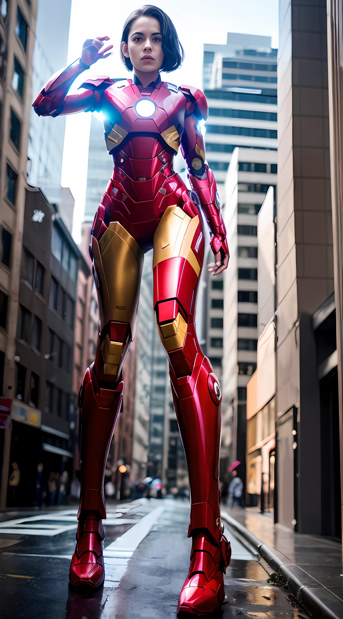 Arapefi, dressed in a red and gold suit, stands on the city street, wearing red and yellow hero suit, Stand among heroic figures, highly detailed giantess shot, like ironman, hero pose colorful city lighting, ironman, Close-up Shot Shot, medium close - up ( mcu ), from a marvel movie, battle damaged iron man suit, Captured from a low-angle